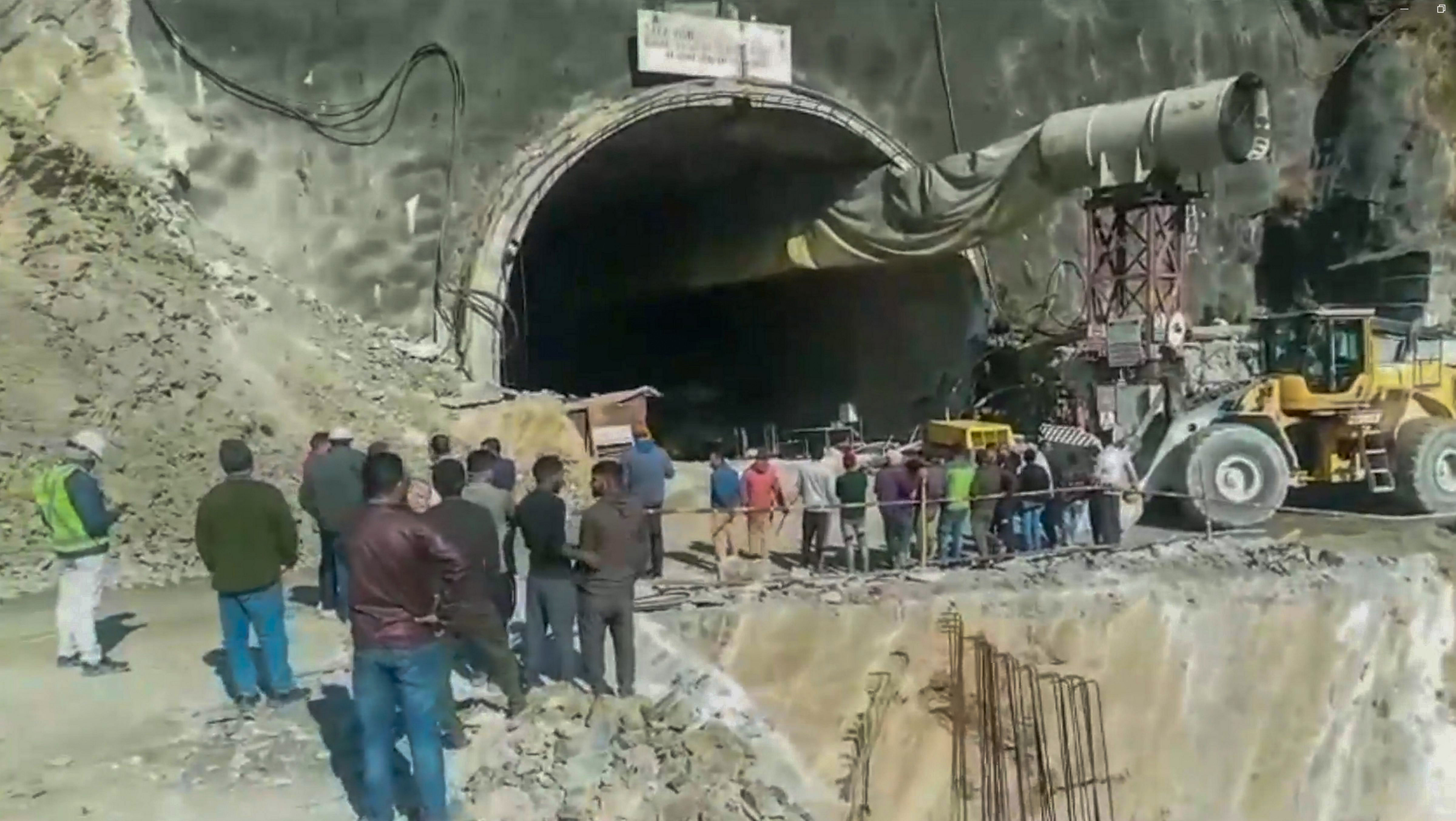 <div class="paragraphs"><p>Rescue operation underway after a portion of a tunnel under construction between Silkyara and Dandalgaon on the Brahmakhal-Yamunotri national highway collapsed, in Uttarkashi district, Sunday, Nov 12, 2023. </p></div>