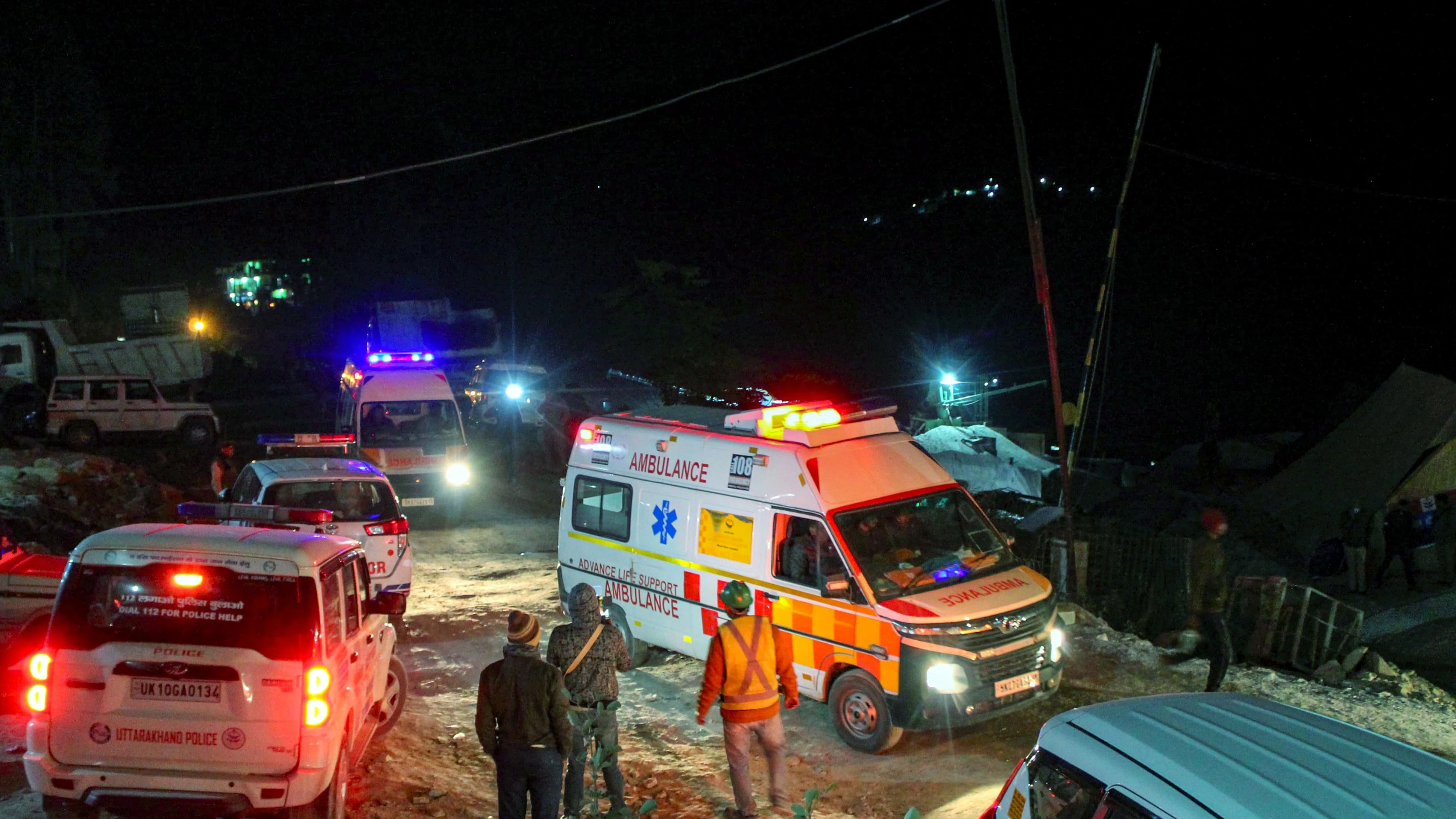 <div class="paragraphs"><p>Uttarkashi: Ambulances on stand by near the Silkayara tunnel where rescue operation of 41 workers trapped inside the tunnel for 14 days is underway, in Uttarkashi district.</p></div>