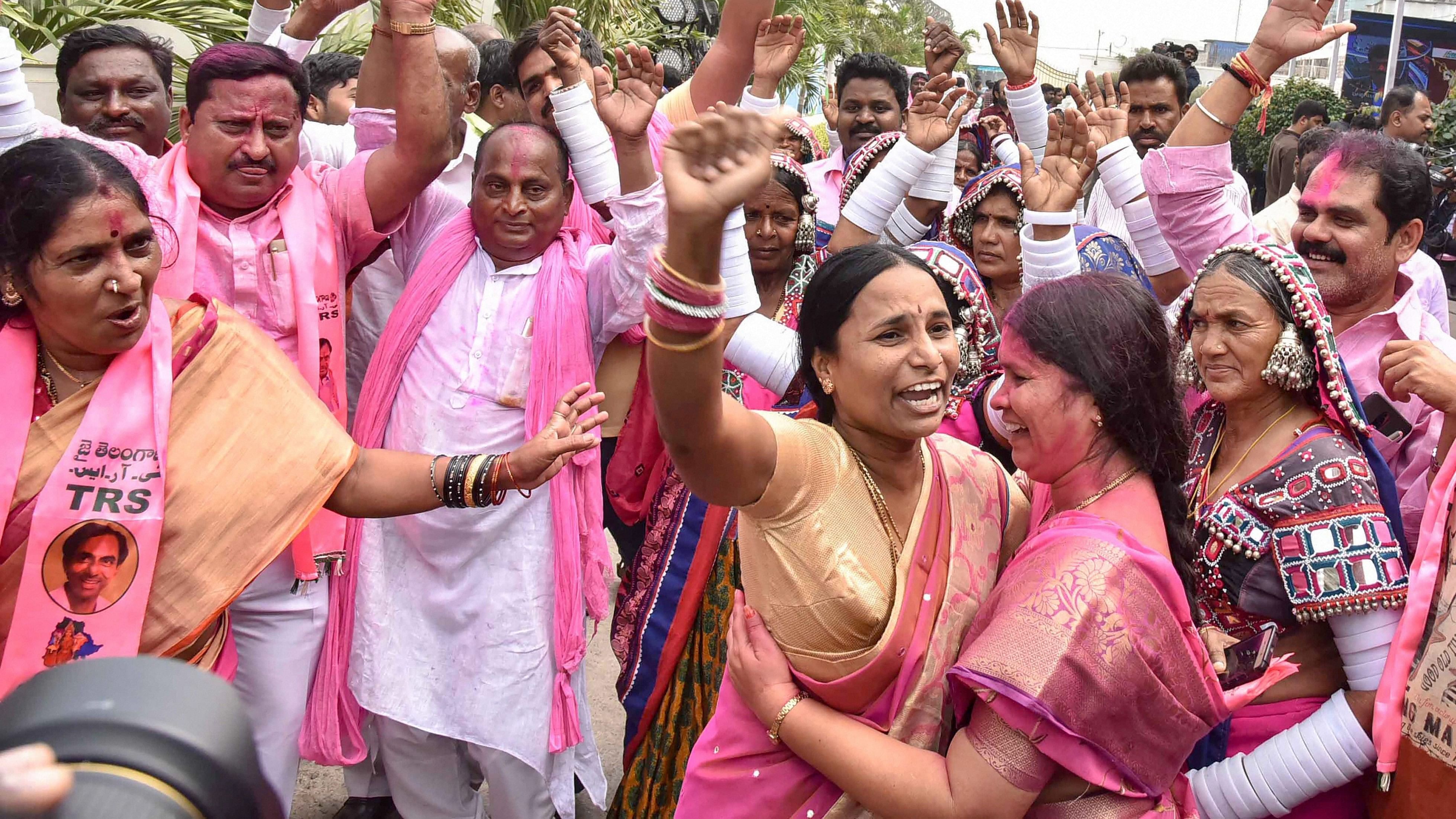 <div class="paragraphs"><p>Telangana Rashtra Samithi (TRS) party workers celebrate their party's victory in the state's Assembly elections at Telangana Bhavan in Hyderabad.&nbsp;</p></div>