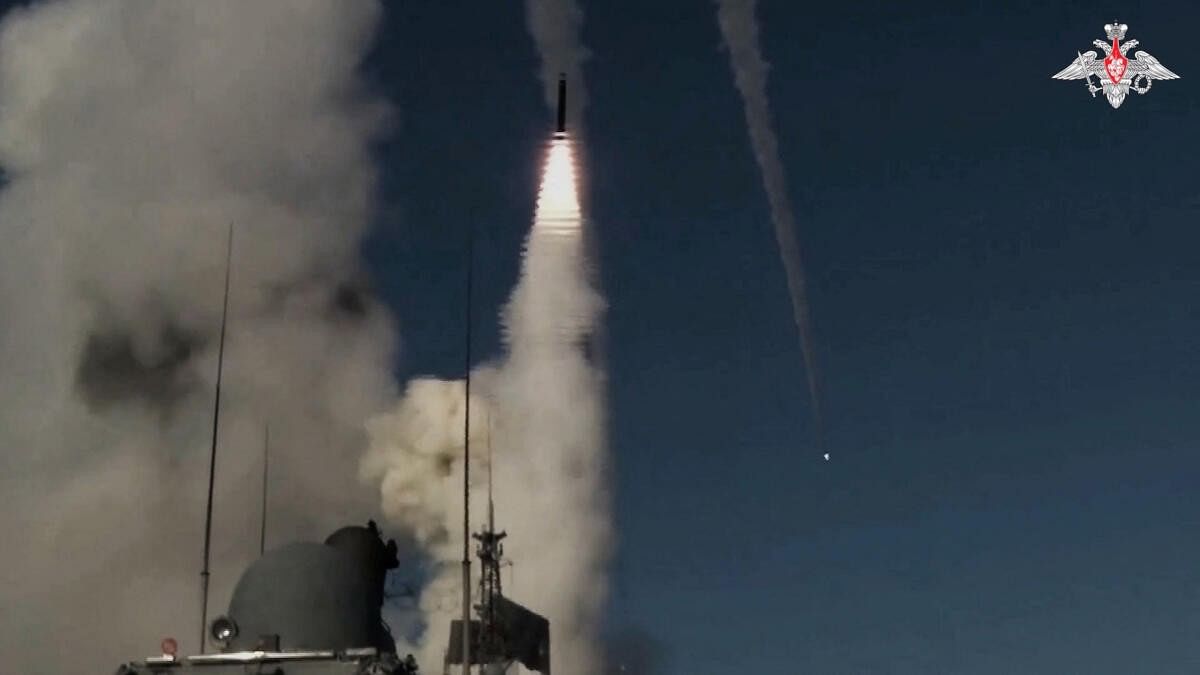 <div class="paragraphs"><p>A frigate of the Russian Black Sea Fleet launches a Kalibr cruise missile in the Black Sea.</p></div>