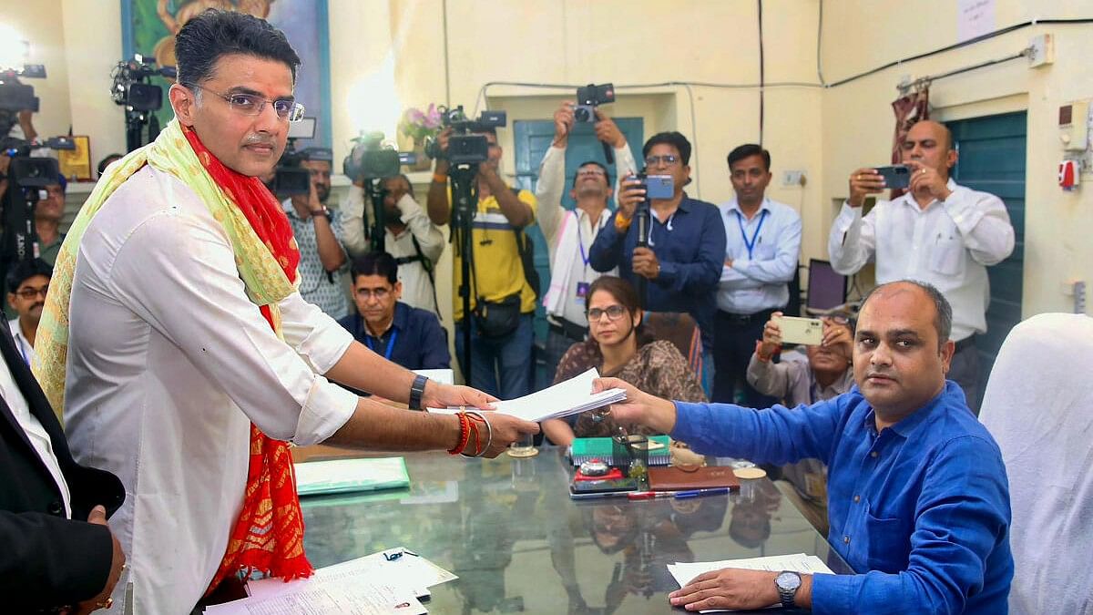 <div class="paragraphs"><p>Congress leader Sachin Pilot files his nomination papers for the upcoming Rajasthan Assembly elections, in Tonk district, Tuesday, Oct. 31, 2023.</p></div>