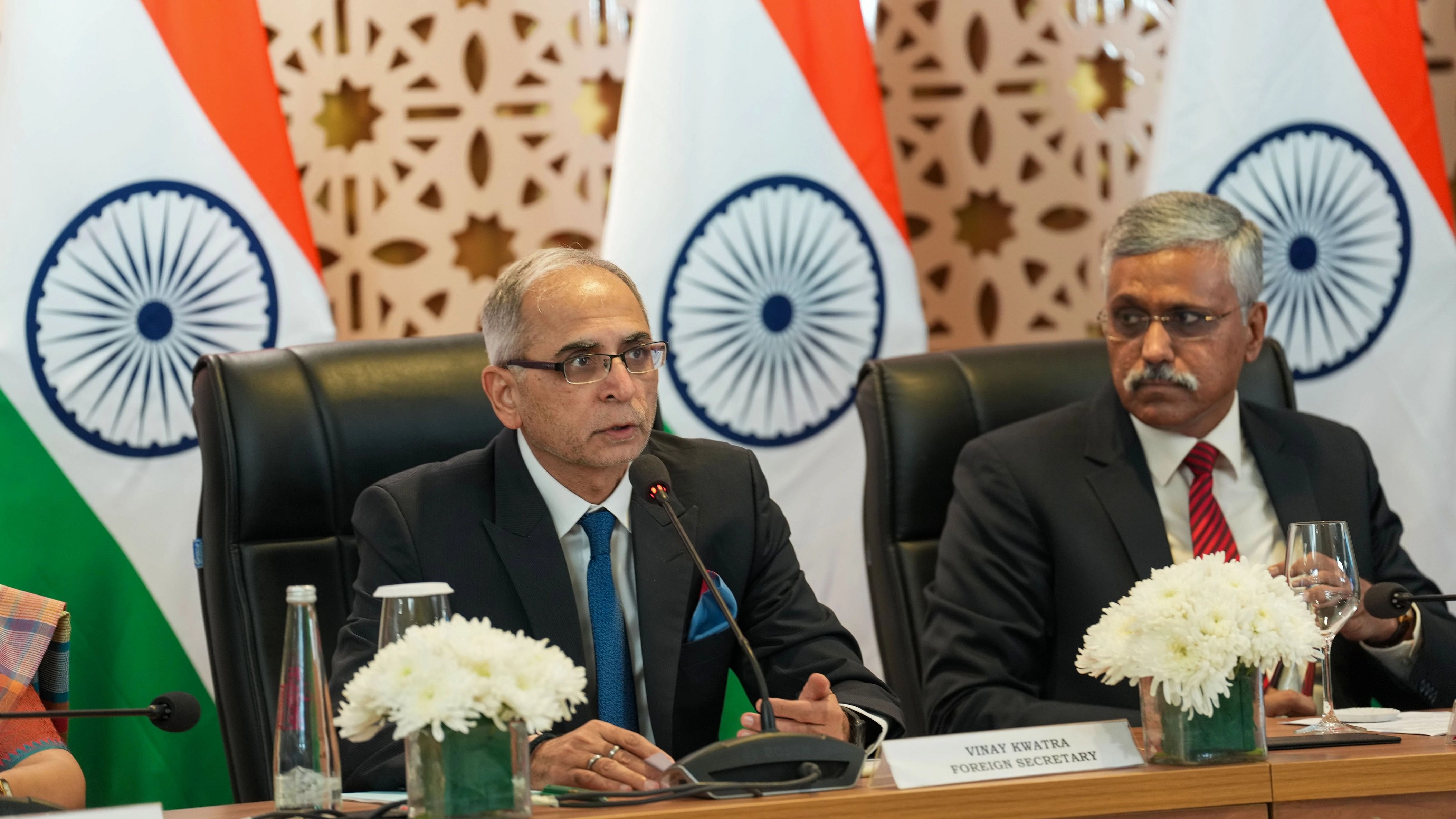 <div class="paragraphs"><p>Foreign Secretary Vinay Kwatra and Defence Secretary Giridhar Aramane during a press briefing after the 5th India-US 2+2 Ministerial Dialogue, in New Delhi, Friday, Nov. 10, 2023. </p></div>