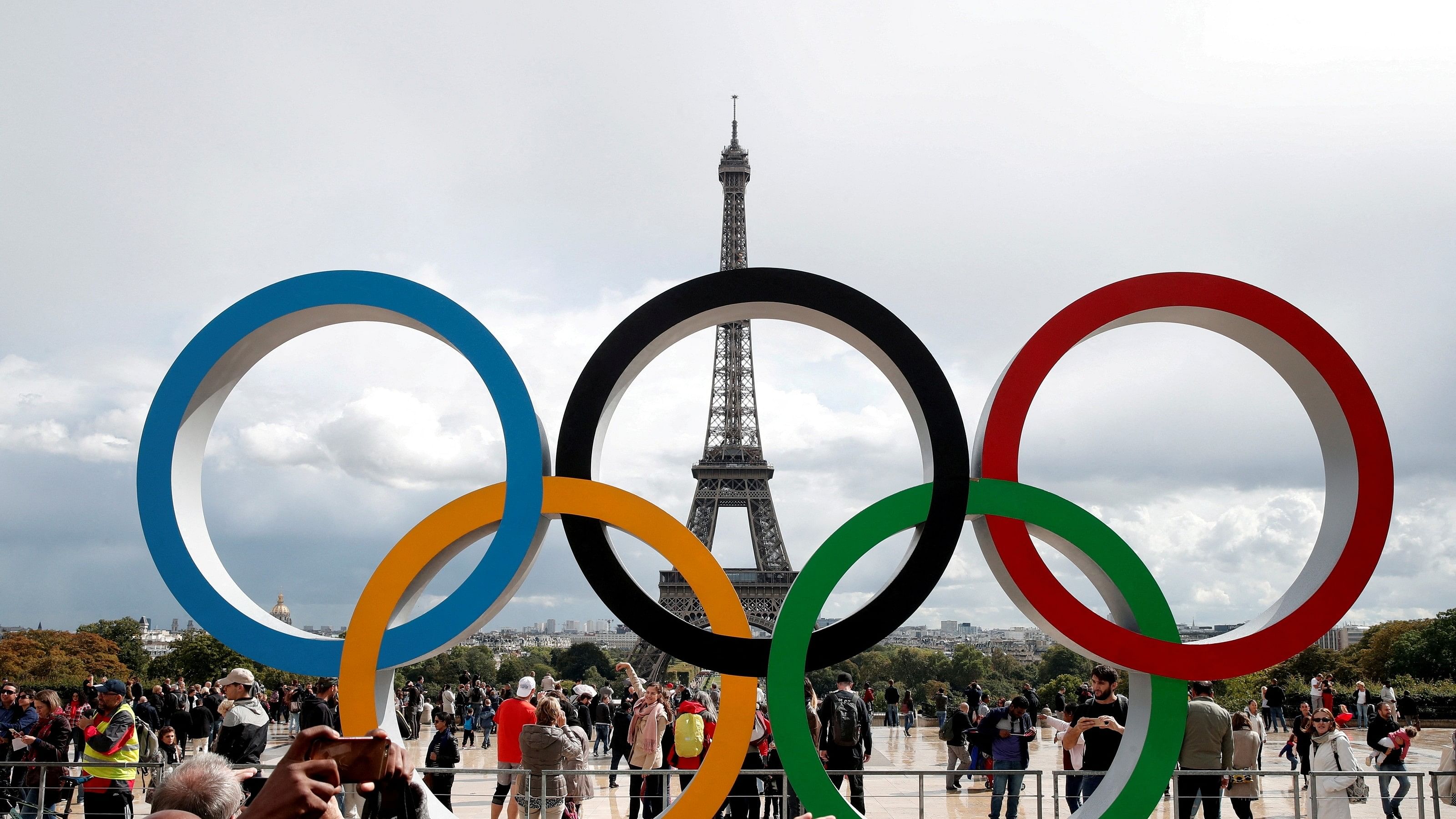 <div class="paragraphs"><p>Olympic rings to celebrate the IOC official announcement that Paris won the 2024 Olympic bid are seen in front of the Eiffel Tower at the Trocadero square in Paris, France.&nbsp;</p></div>