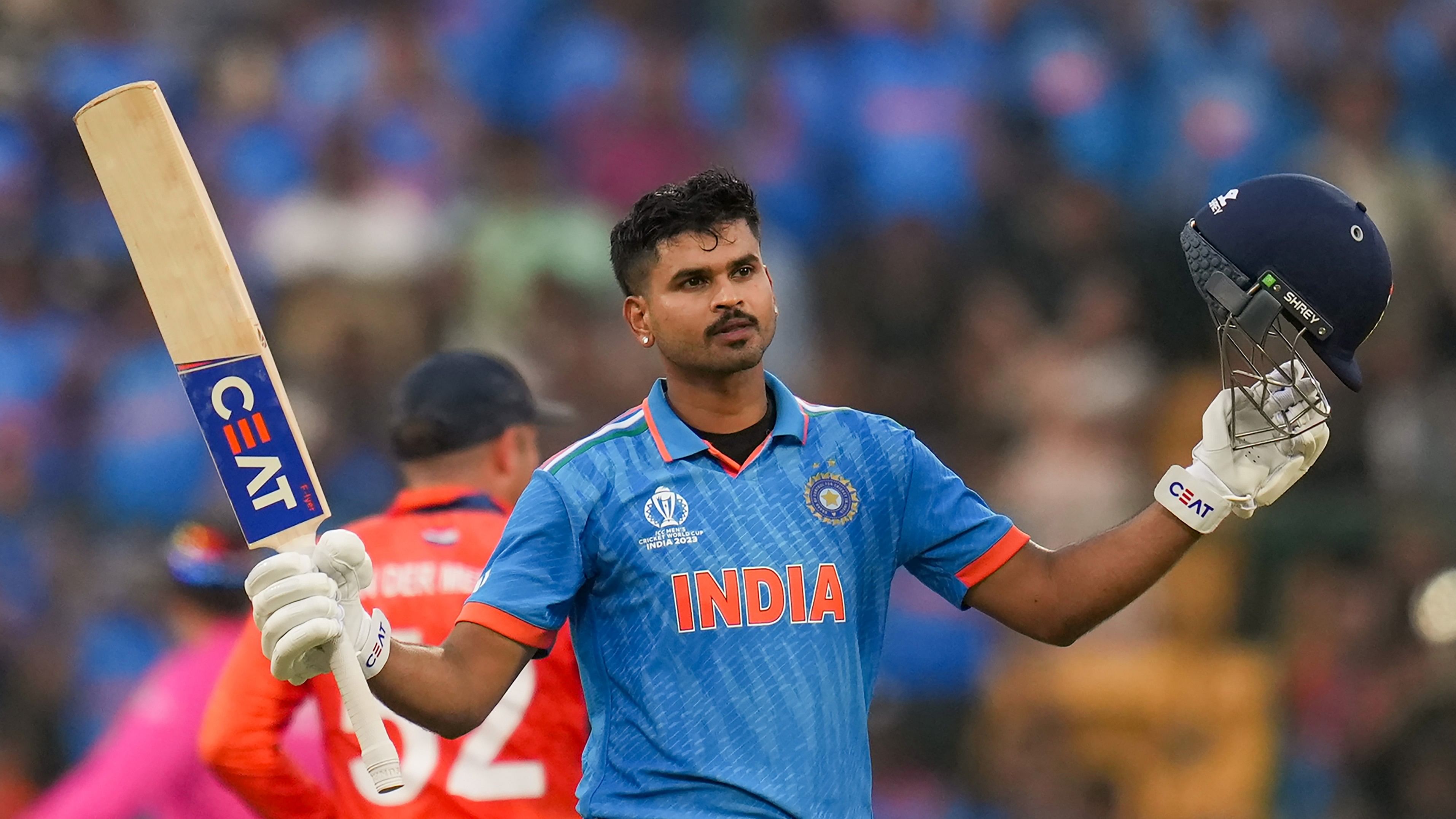 <div class="paragraphs"><p>India's batter Shreyas Iyer celebrates his century during the ICC Men's Cricket World Cup match between India and Netherlands.</p></div>