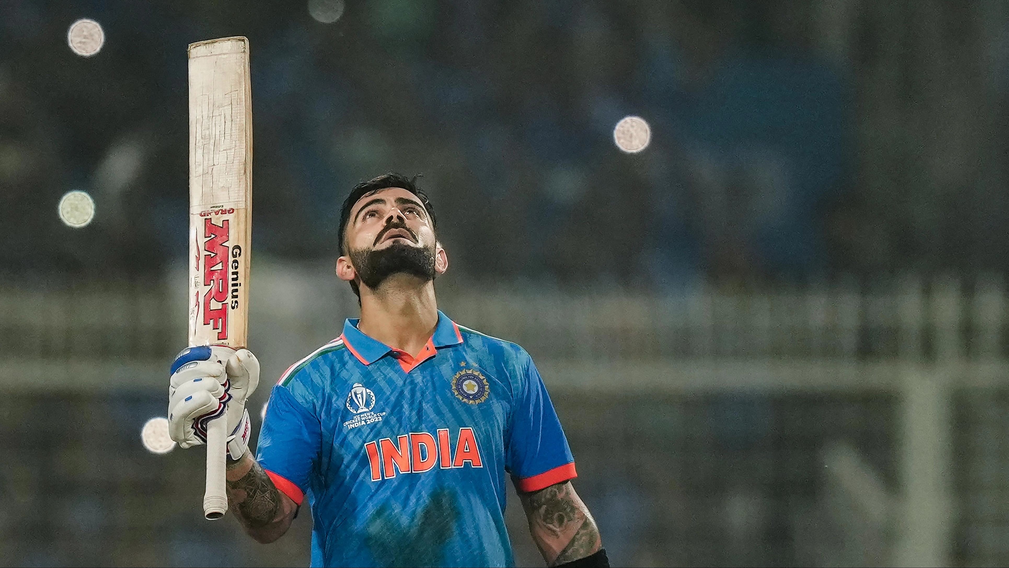 <div class="paragraphs"><p>Indian batter Virat Kohli celebrates his century during the ICC Men's Cricket World Cup 2023 match between India and South Africa, at Eden Gardens, in Kolkata, Sunday, Nov. 5, 2023.   </p></div>