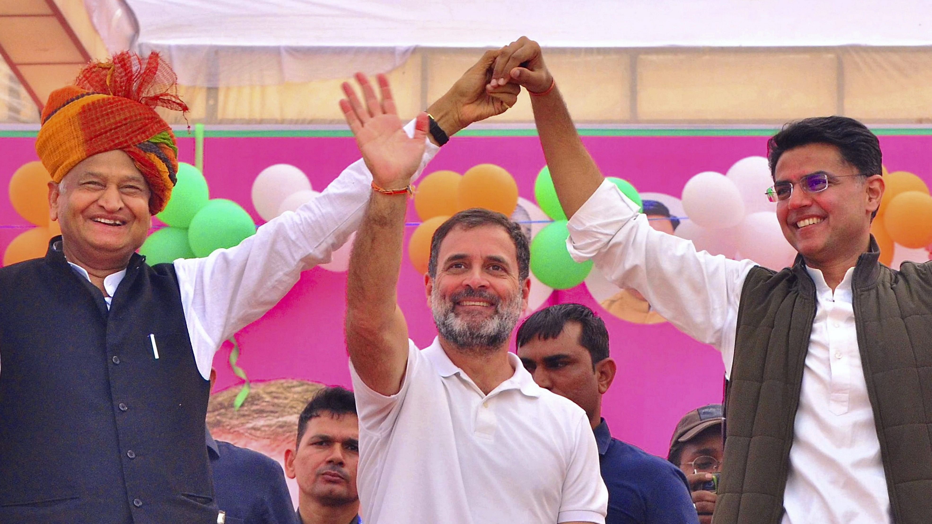 <div class="paragraphs"><p>File Photo: Congress leader Rahul Gandhi with Rajasthan Chief Minister Ashok Gehlot and party leader Sachin Pilot during 'Congress Guarantee Rally' ahead of the State Assembly elections, at Taranagar in Churu district, Thursday, Nov. 16, 2023.</p></div>