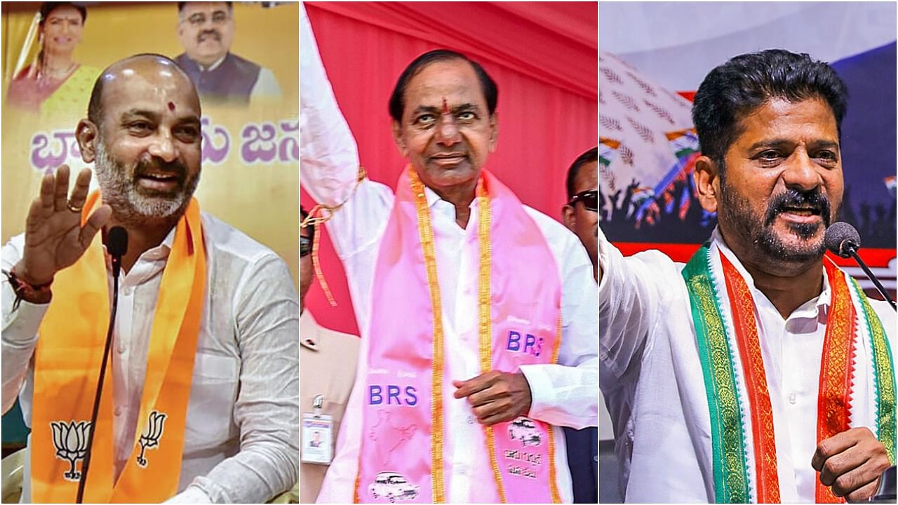 <div class="paragraphs"><p>BJP's Bandi Sanjay Kumar (L), BRS chief KCR (C) and Congress' Revanth Reddy.&nbsp;</p></div>