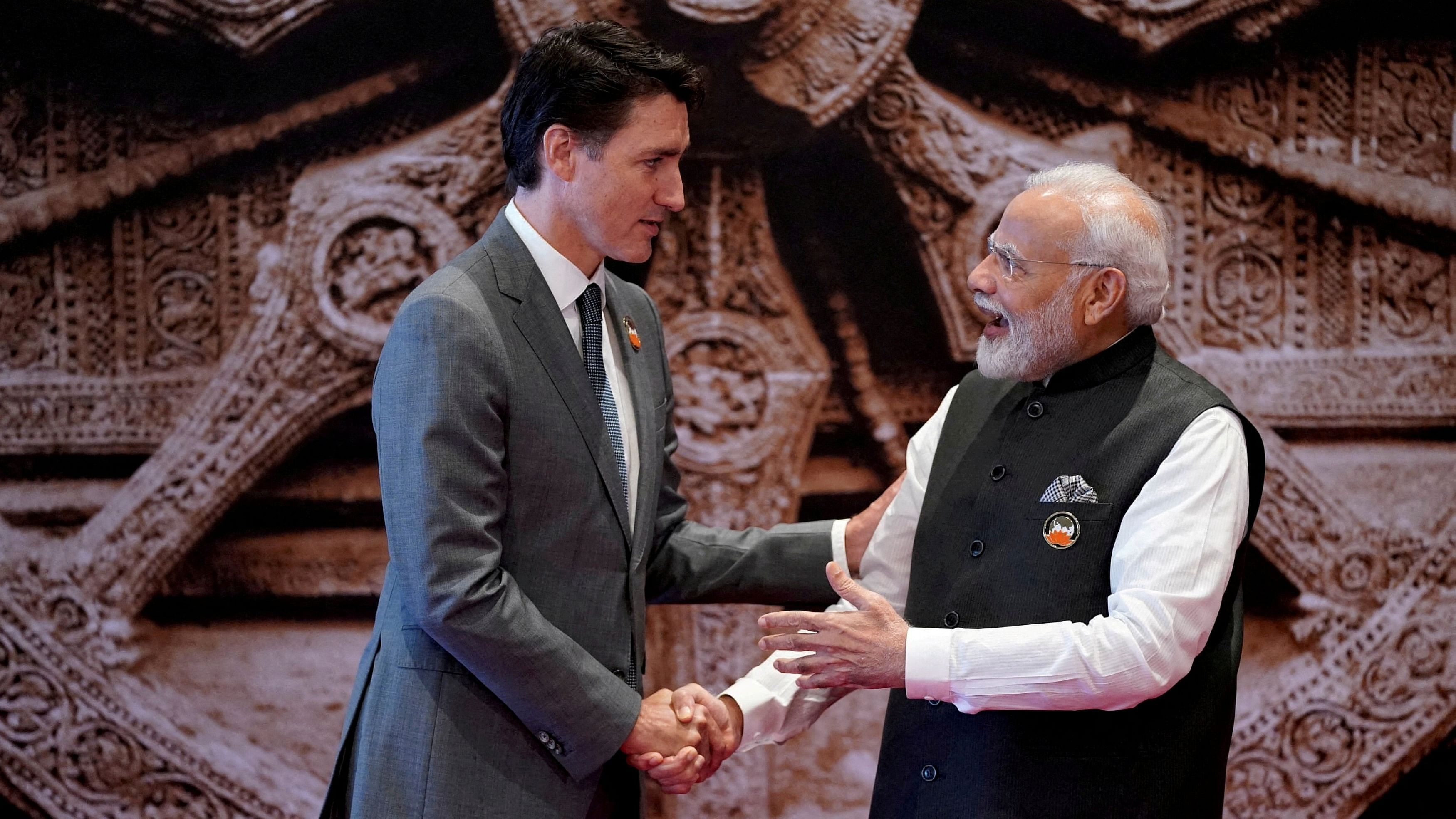 <div class="paragraphs"><p> Indian Prime Minister Narendra Modi welcomes Canada Prime Minister Justin Trudeau upon his arrival at Bharat Mandapam convention center for the G20 Summit.</p></div>