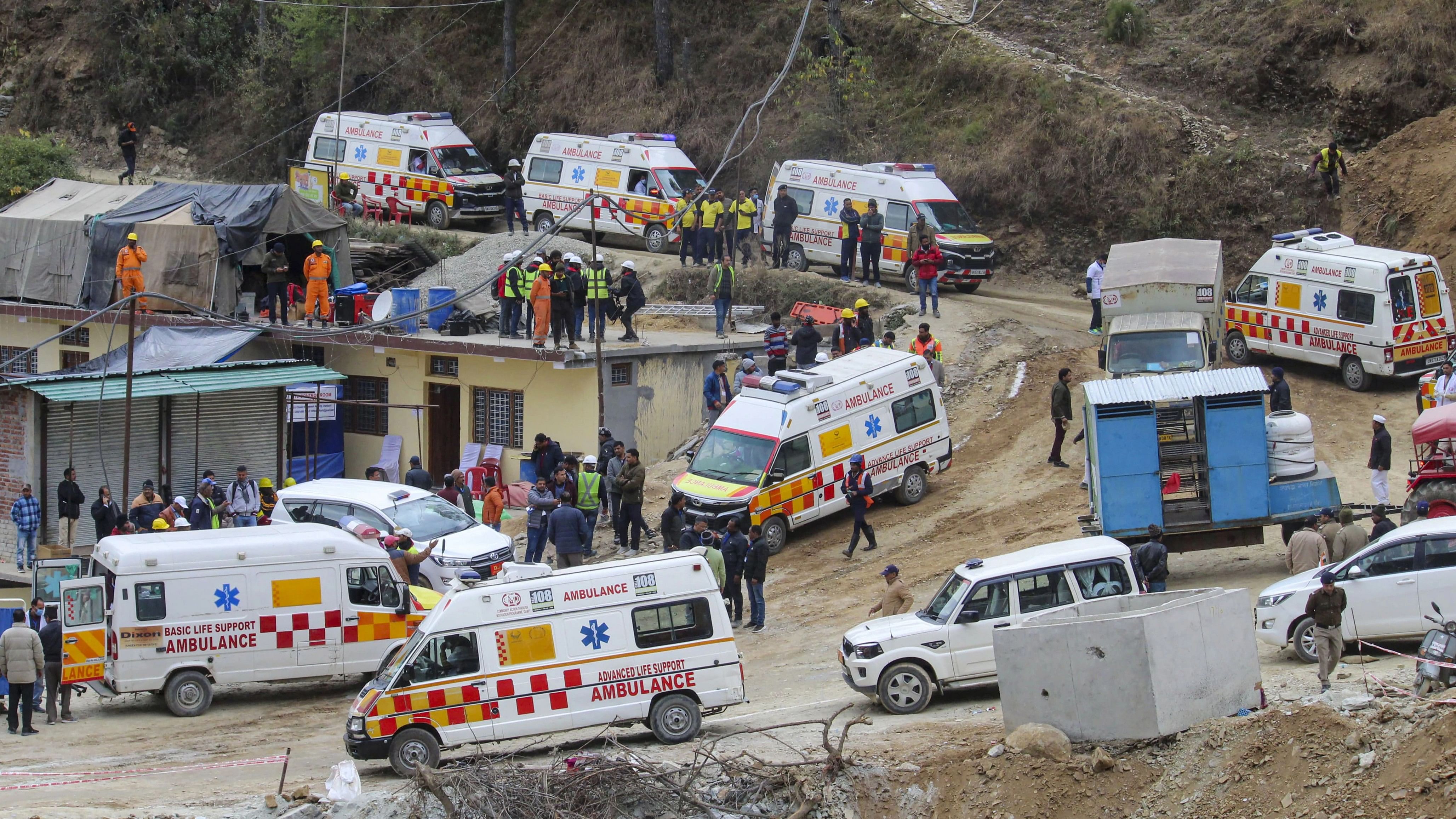 <div class="paragraphs"><p>Uttarkashi: Ambulances on standby during the ongoing rescue operation of the 41 workers trapped inside the under-construction Silkyara Bend-Barkot Tunnel, in Uttarkashi district.</p></div>