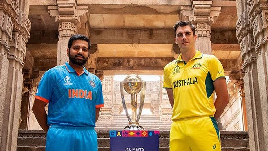 <div class="paragraphs"><p>India’s captain Rohit Sharma and Australia’s captain Pat Cummins pose with the ICC Men’s Cricket World Cup 2023 trophy ahead of its final match between India and Australia, in Ahmedabad.</p></div>