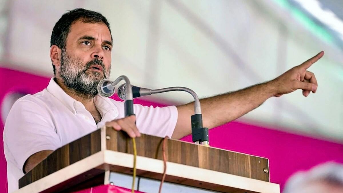 <div class="paragraphs"><p>Congress leader Rahul Gandhi addresses a public meeting ahead of Rajasthan Assembly elections, in Vallabhnagar, Tuesday, Nov. 21, 2023.</p></div>