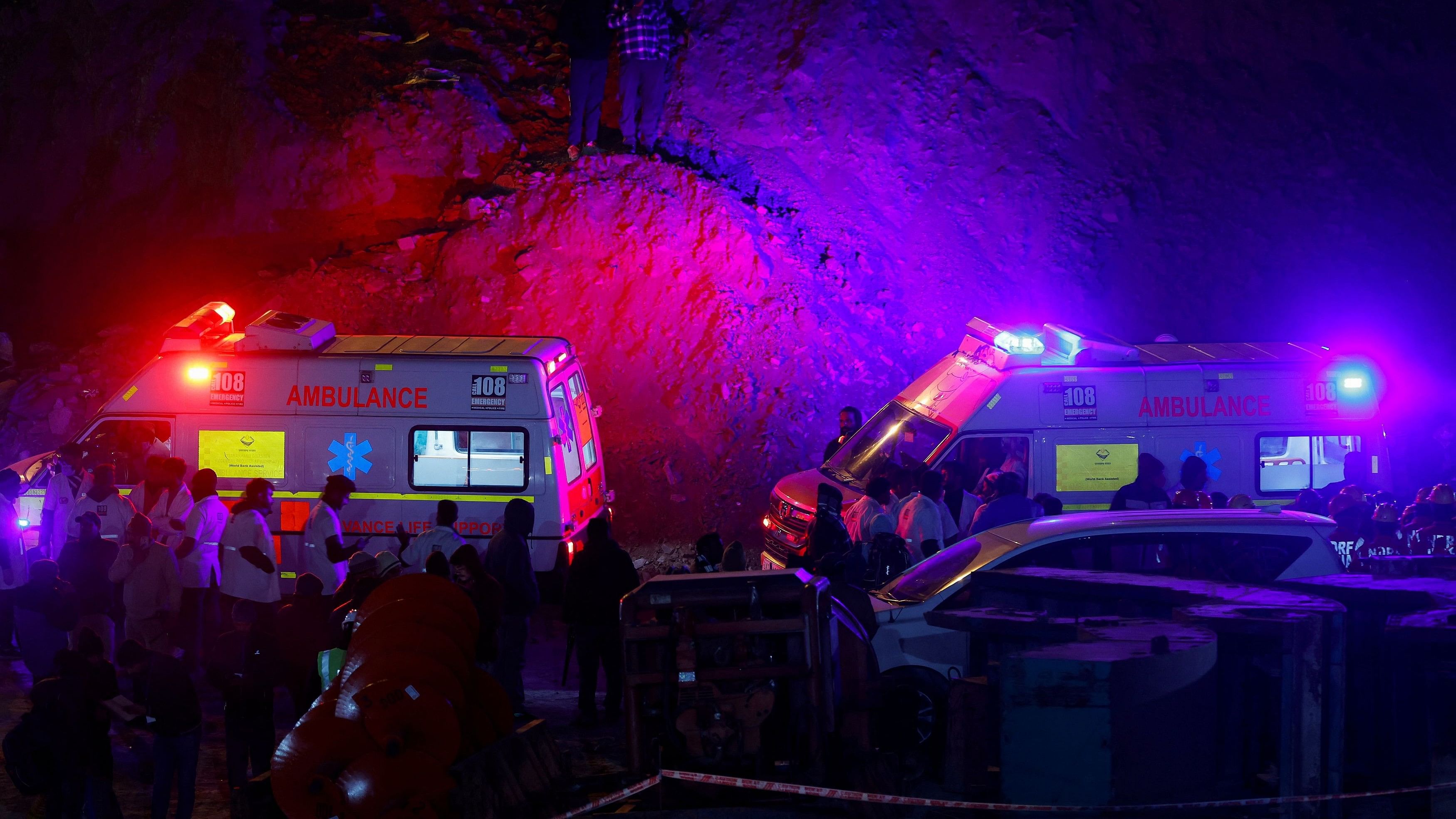 <div class="paragraphs"><p>Ambulances at the entrance of the Silkyara tunnel in Uttarakhand wait to transport trapped workers to health centres.</p></div>