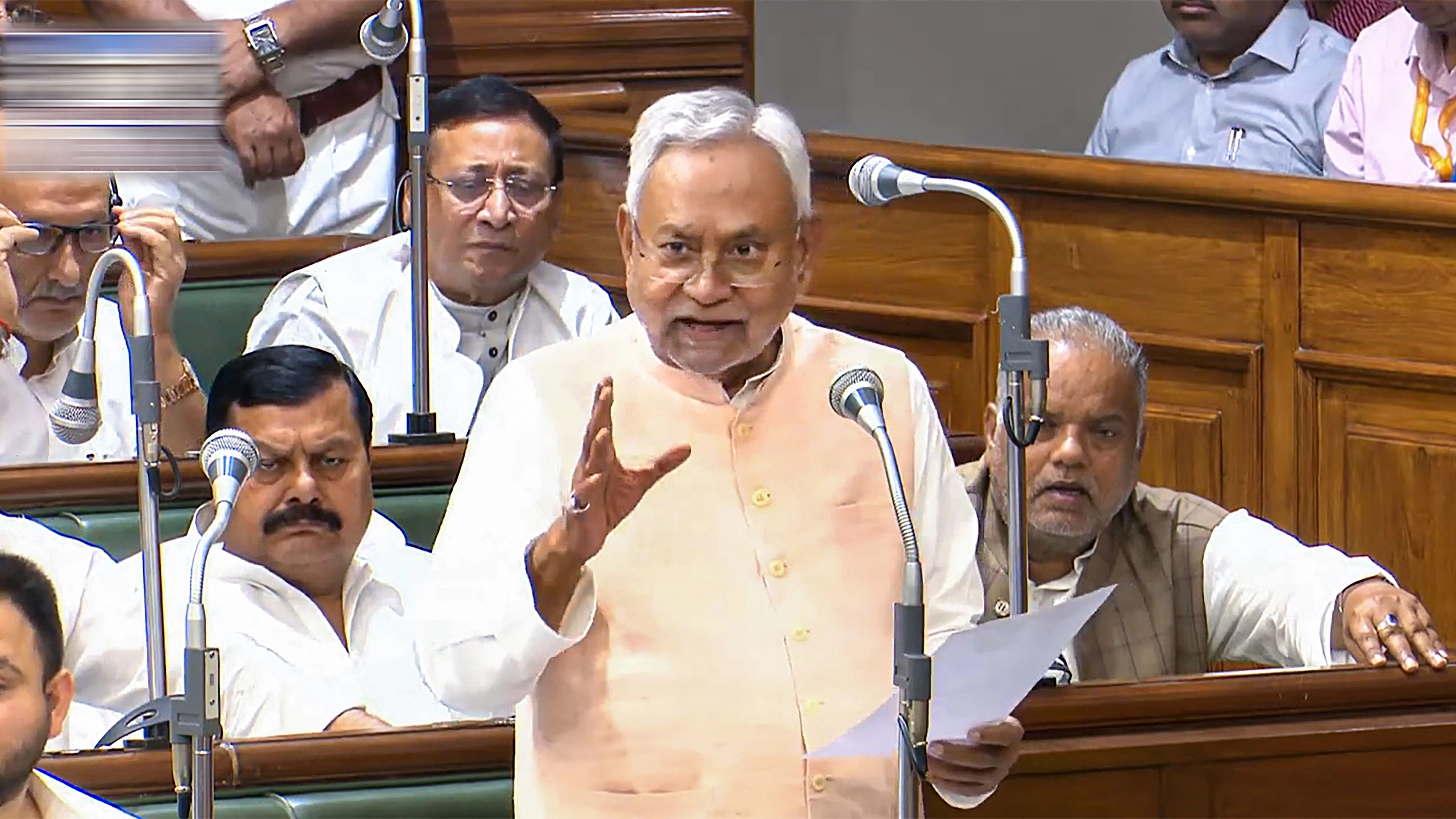 <div class="paragraphs"><p>Bihar Chief Minister Nitish Kumar speaks during the Winter session of the Legislative Assembly, in Patna, Tuesday, Nov 7, 2023.</p></div>