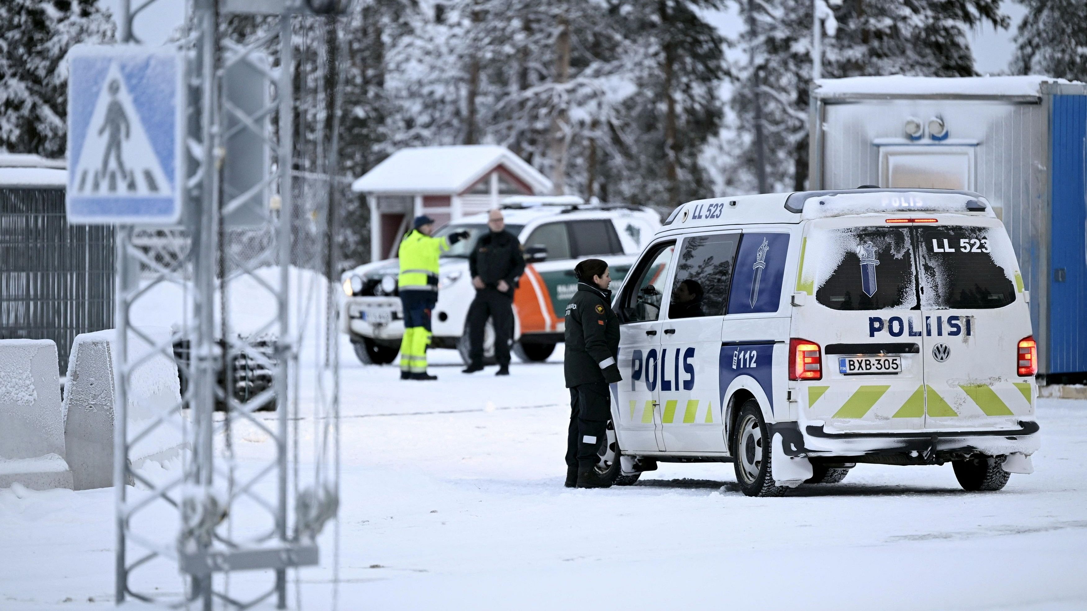 <div class="paragraphs"><p>A view of Finnish border guards and police at the Raja-Jooseppi international border crossing station in Inari, northern Finland on November 24, 2023.</p></div>