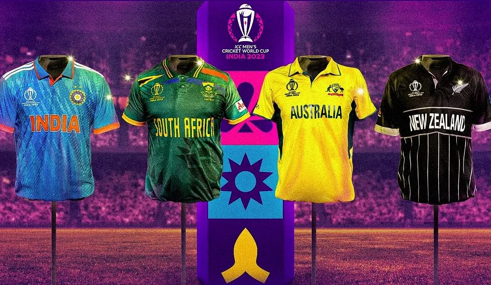 <div class="paragraphs"><p>Jerseys of the four semi-finalists for the ICC World Cup 2023.</p></div>