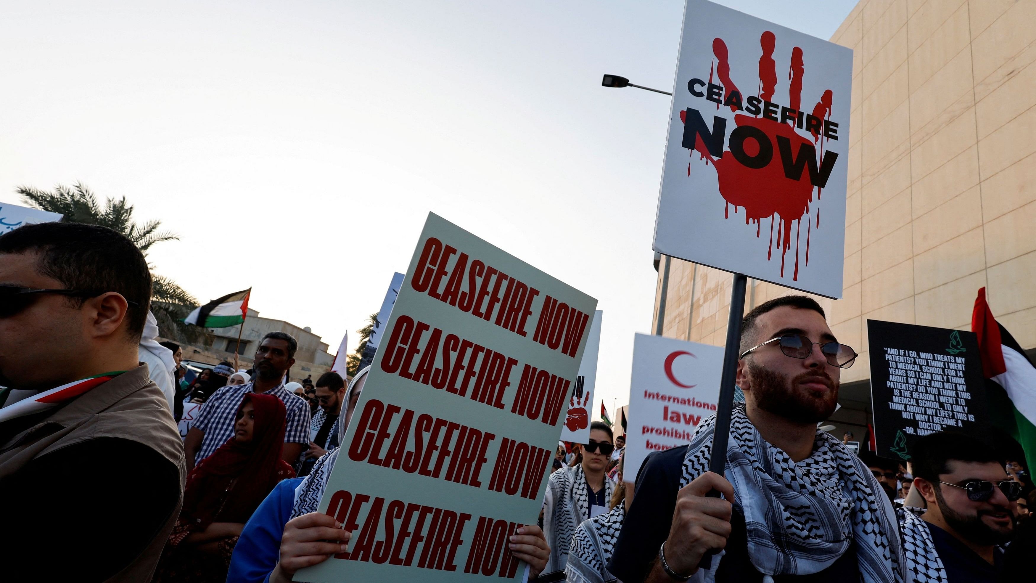 <div class="paragraphs"><p>Demonstrators attend a protest in support of Palestinians, amid the ongoing conflict between Israel and the Palestinian Islamist group Hamas, in Muharraq, Bahrain.&nbsp;</p></div>