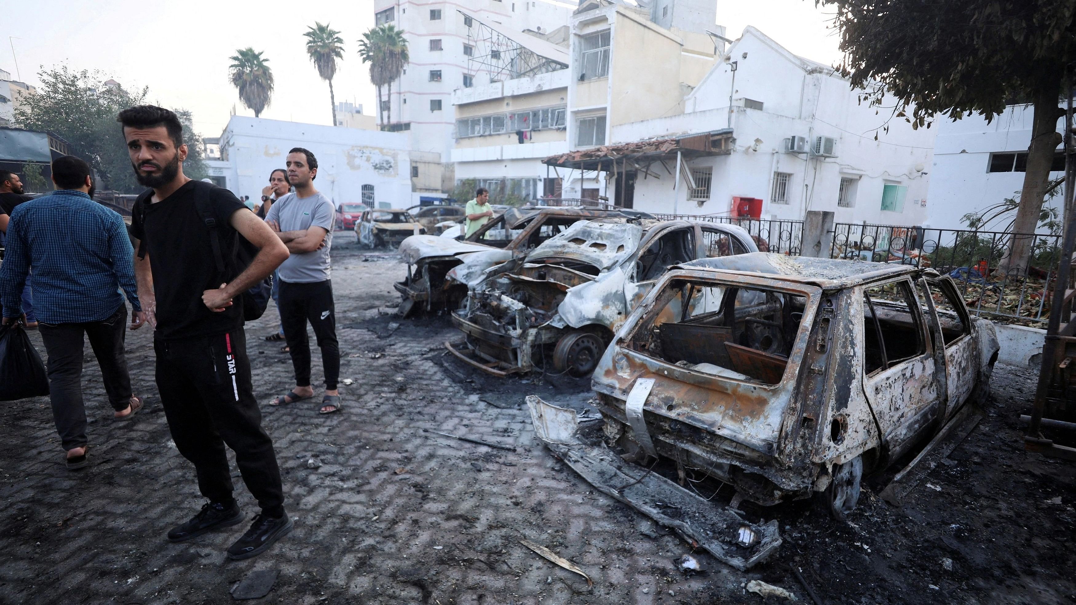 <div class="paragraphs"><p>Al-Ahli hospital where hundreds of Palestinians were killed in a blast that Israeli and Palestinian officials blamed on each other, and where Palestinians who fled their homes were sheltering amid the ongoing conflict with Israel,  in Gaza City.</p></div>