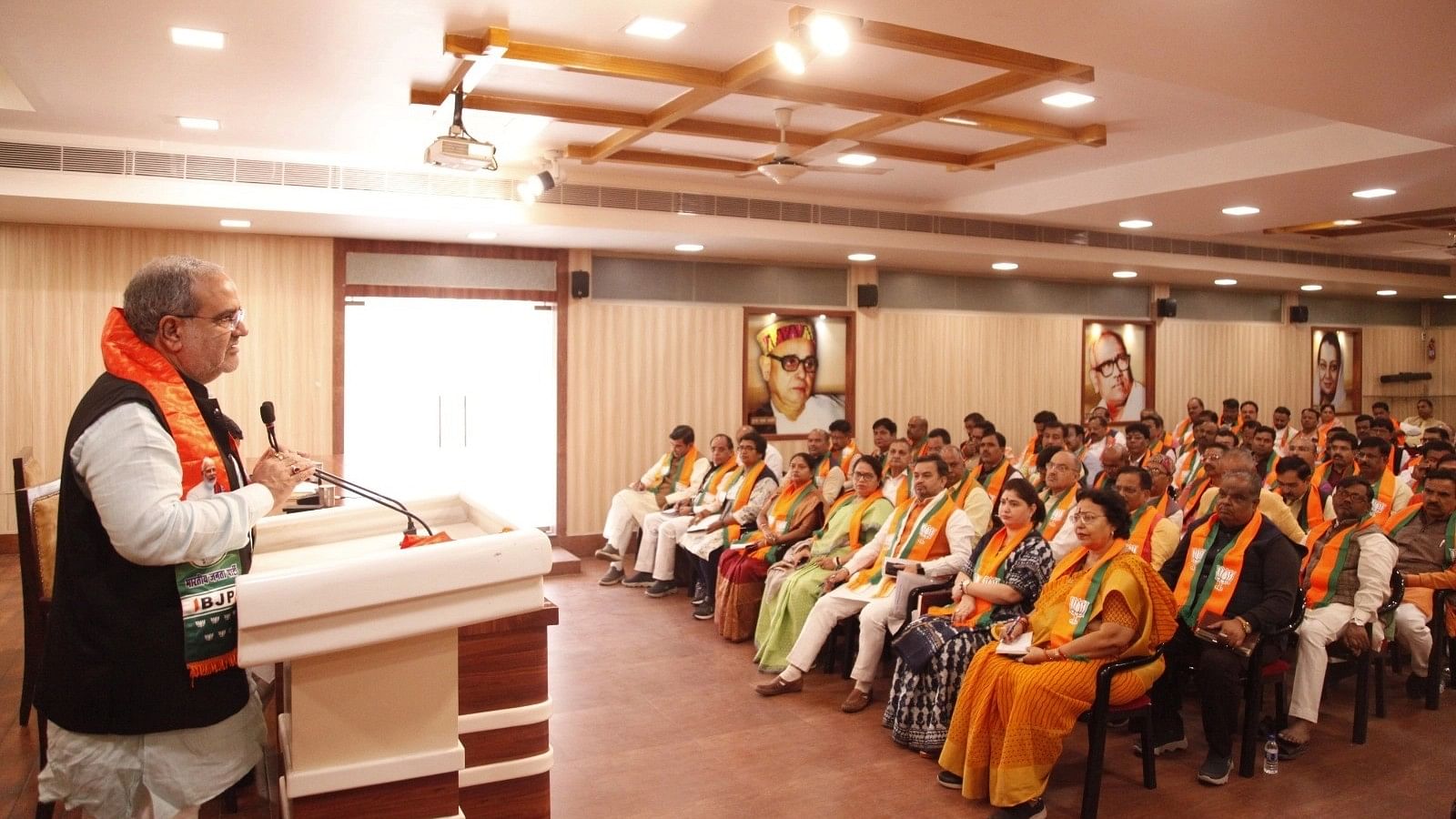 <div class="paragraphs"><p>UP BJP president Bhupendra Chaudhary addresses party leaders on Monday.&nbsp;</p></div>