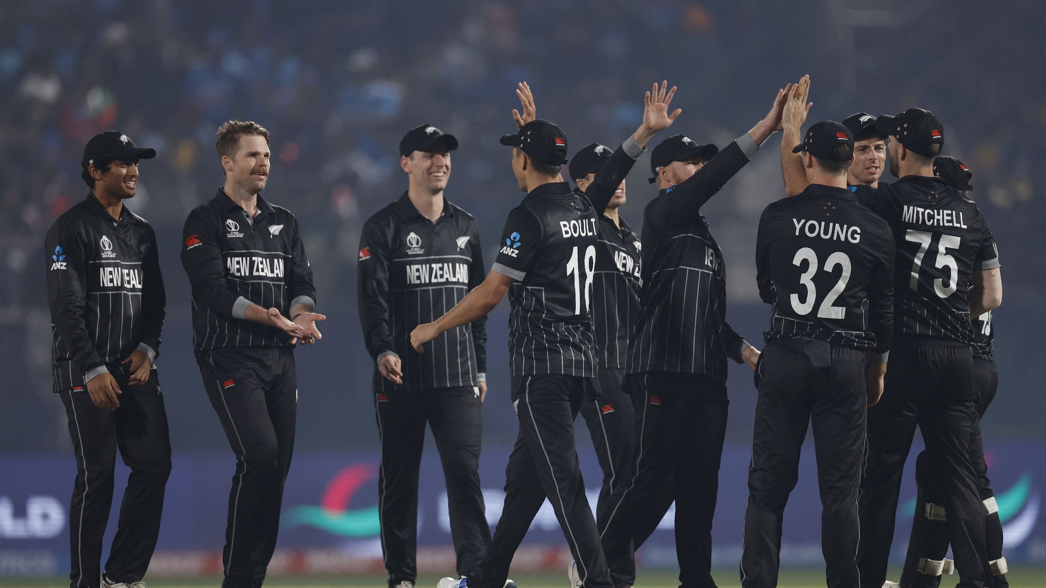 <div class="paragraphs"><p>File Photo- Cricket - ICC Cricket World Cup 2023 - India v New Zealand - Himachal Pradesh Cricket Association Stadium, Dharamsala, India - October 22, 2023  New Zealand's Daryl Mitchell celebrates with teammates after taking a catch to dismiss India's Shubman Gill off the bowling of New Zealand's Lockie Ferguson.</p></div>