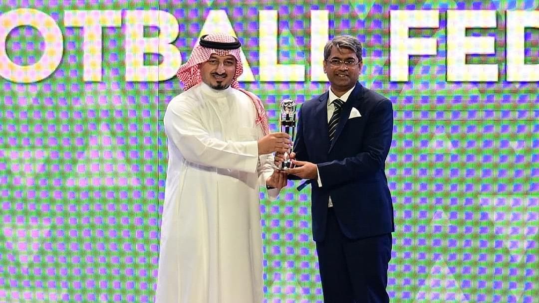 <div class="paragraphs"><p>AIFF president Kalyan Chaubey receiving the medal at the AFC Awards ceremony in Doha, Qatar.&nbsp;</p></div>