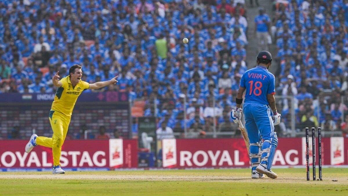 <div class="paragraphs"><p>India's Virat Kohli is bowled out by Australia's Pat Cummins during the ICC Men’s Cricket World Cup 2023 final match between India and Australia, at the Narendra Modi Stadium, in Ahmedabad.</p></div>