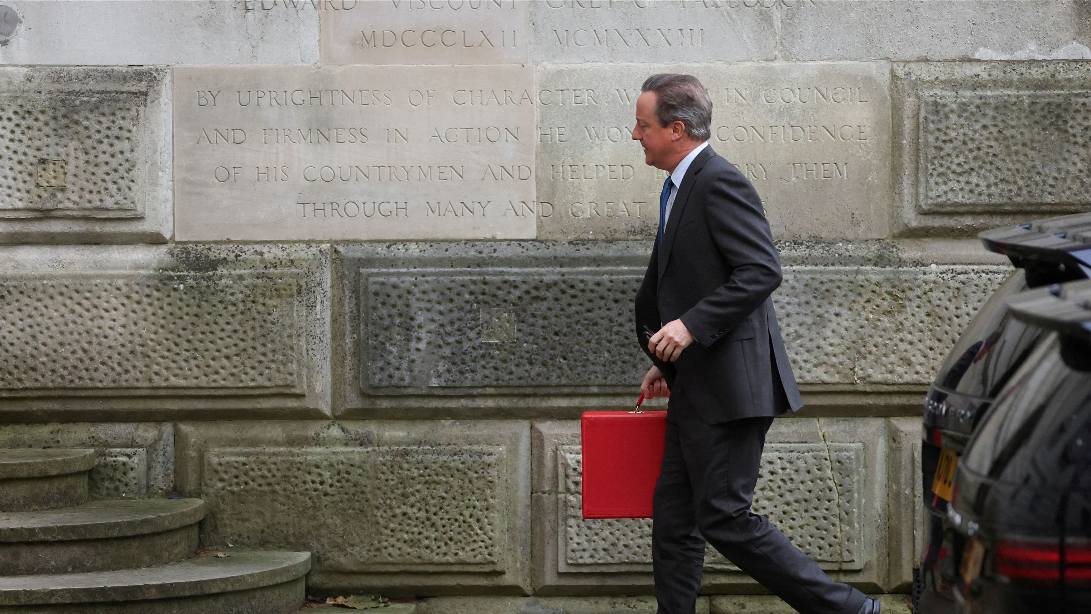 <div class="paragraphs"><p>Britain's Foreign Secretary David Cameron arrives at the Foreign, Commonwealth and Development Office in London, Britain, November 14, 2023. </p></div>