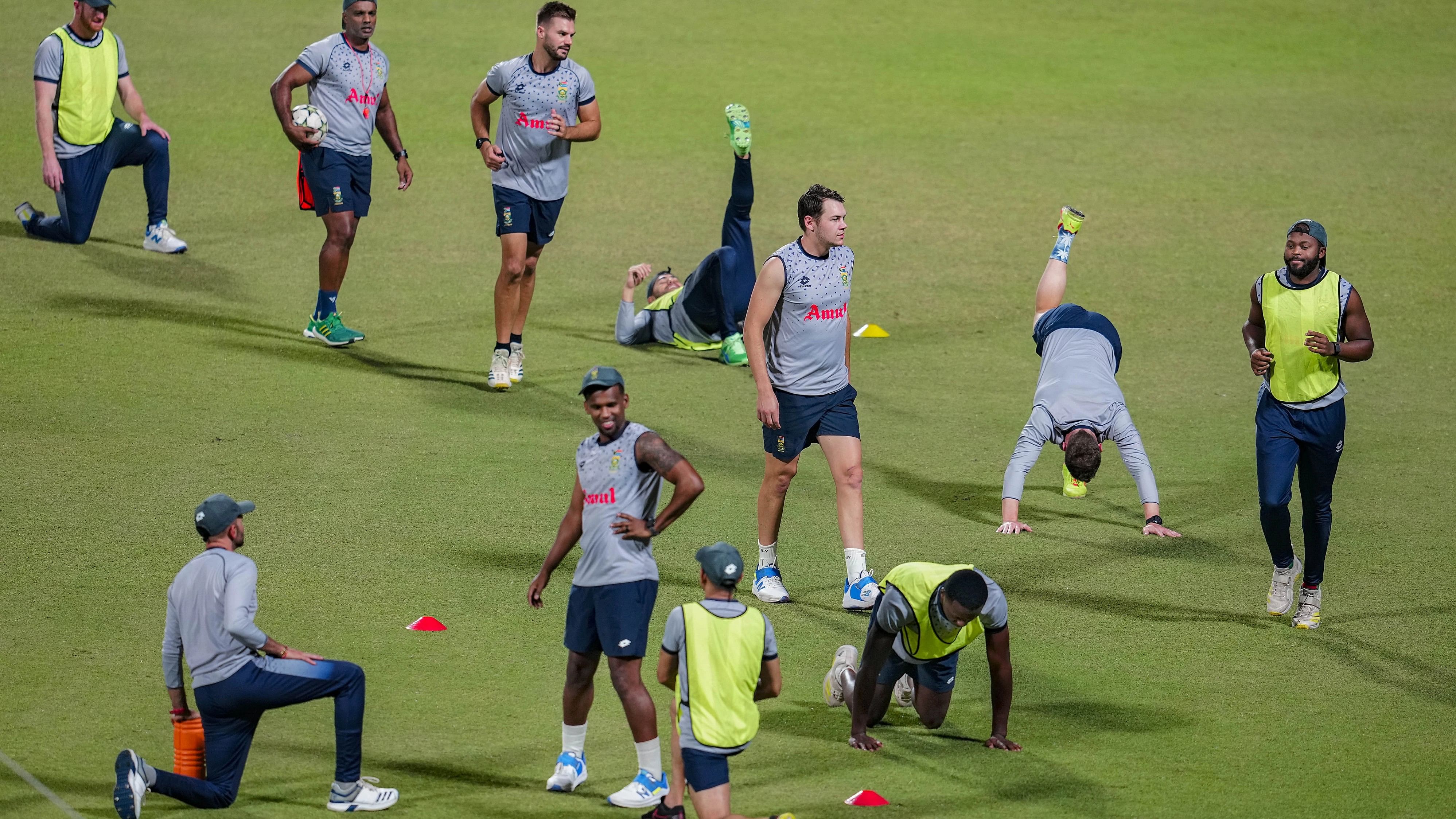 <div class="paragraphs"><p>South Africas Aiden Markram, Gerald Coetzee, Heinrich Klaasen and others during a practice session ahead of the ICC Men's World Cup 2023 second semi-final match between Australia and South Africa, at the Eden Gardens Stadium, in Kolkata.</p></div>