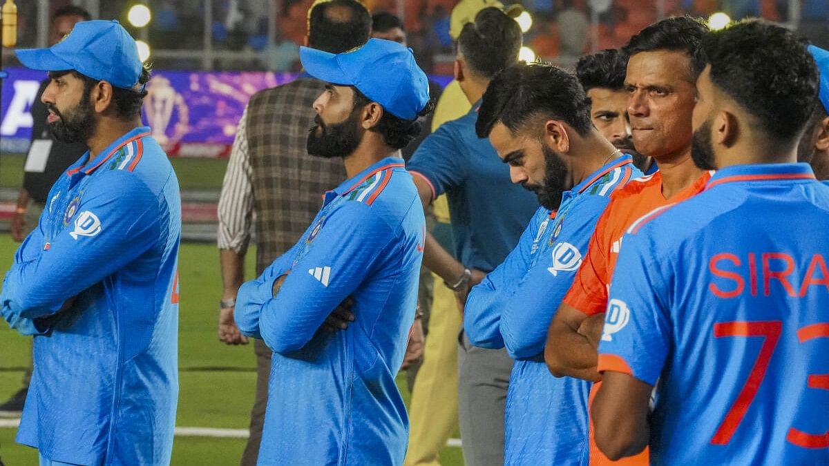 <div class="paragraphs"><p>India's Head Coach Rahul Dravid, captain Rohit Sharma and players Virat Kohli, Ravindra Jadeja and Mohammed Siraj after India's WC match against Australia.&nbsp;</p></div>