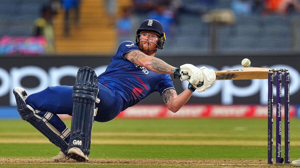 <div class="paragraphs"><p>England's Ben Stokes plays a shot during the ICC Men's Cricket World Cup 2023 match between England and Netherlands at Maharashtra Cricket Association Stadium, in Pune, Wednesday, Nov. 8, 2023.</p></div>