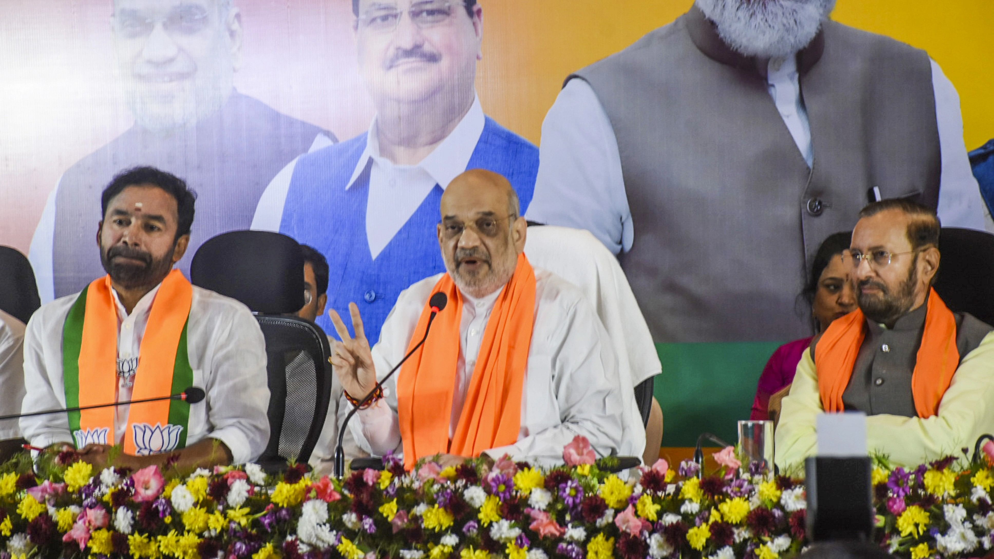 <div class="paragraphs"><p>Hyderabad: Union Home Minister Amit Shah with Telangana BJP chief G Kishan Reddy (L) addresses a press conference, in Hyderabad, Saturday, Nov. 25, 2023. </p></div>