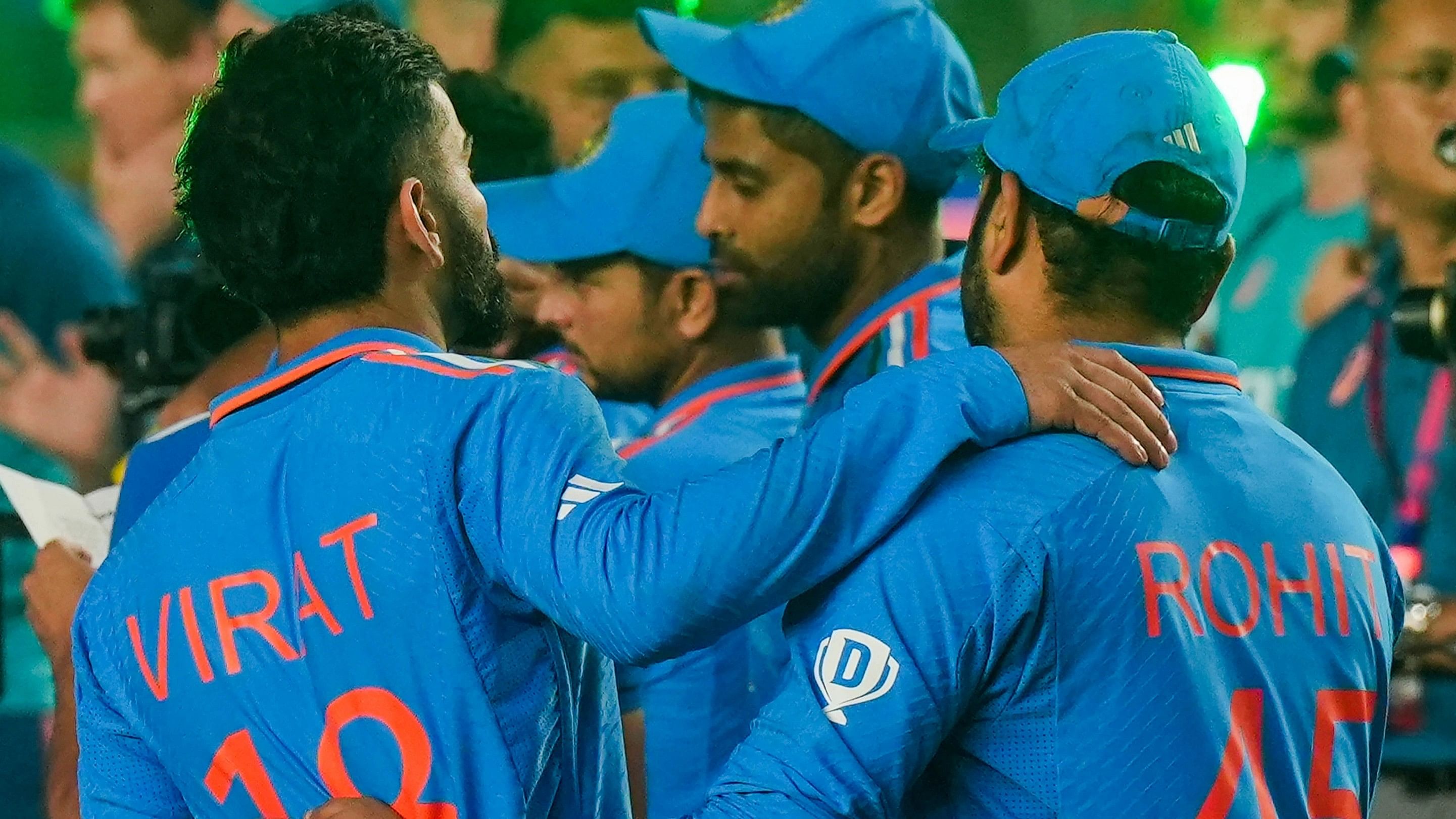 <div class="paragraphs"><p>India's Rohit Sharma, Virat Kohli and other players during the presentation ceremony of the ICC Men's Cricket World Cup 2023 at the Narendra Modi Stadium, in Ahmedabad, on Sunday.</p></div>