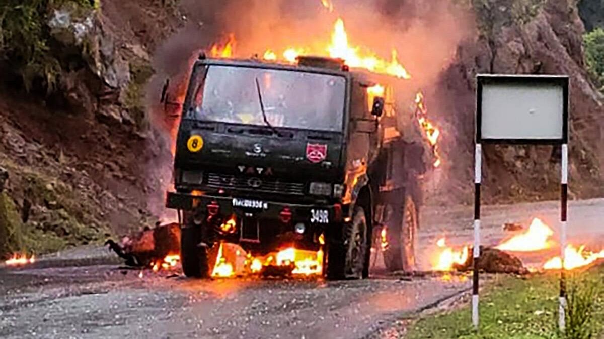 <div class="paragraphs"><p>An army vehicle in flames after a terror attack in Mendhar in Poonch district back in April. Five soldiers were killed and another was seriously injured in the strike.&nbsp;</p></div>