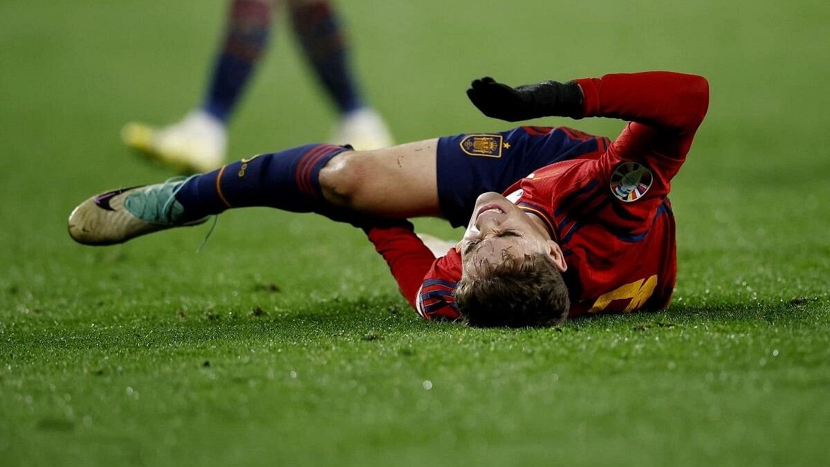 <div class="paragraphs"><p>Spain's Gavi reacts after sustaining an injury in the match of Spain vs Georgia.&nbsp;</p></div>