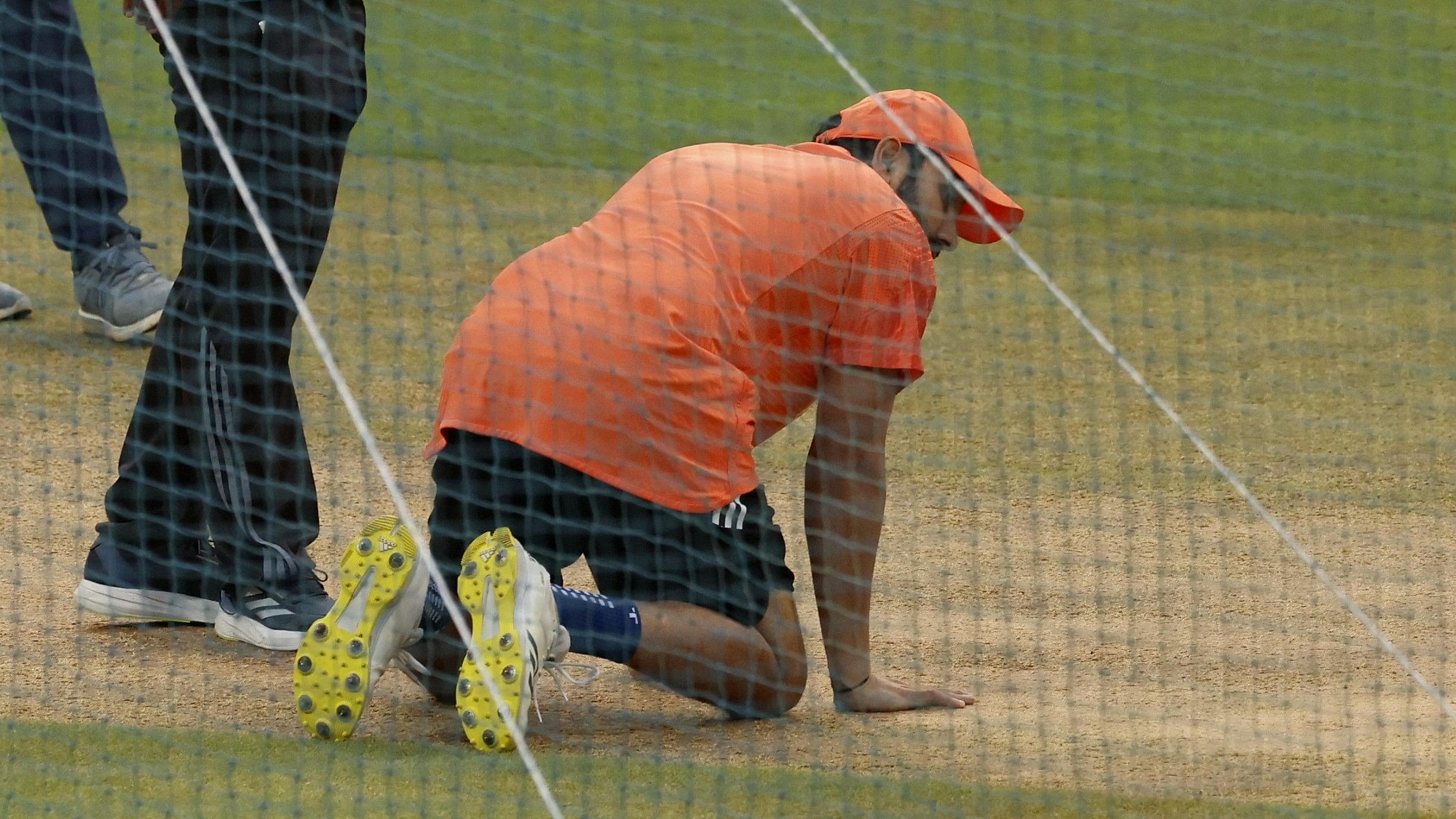 <div class="paragraphs"><p>Skipper Rohit Sharma inspects the pitch on the eve of their semifinal against New Zealand. </p></div>