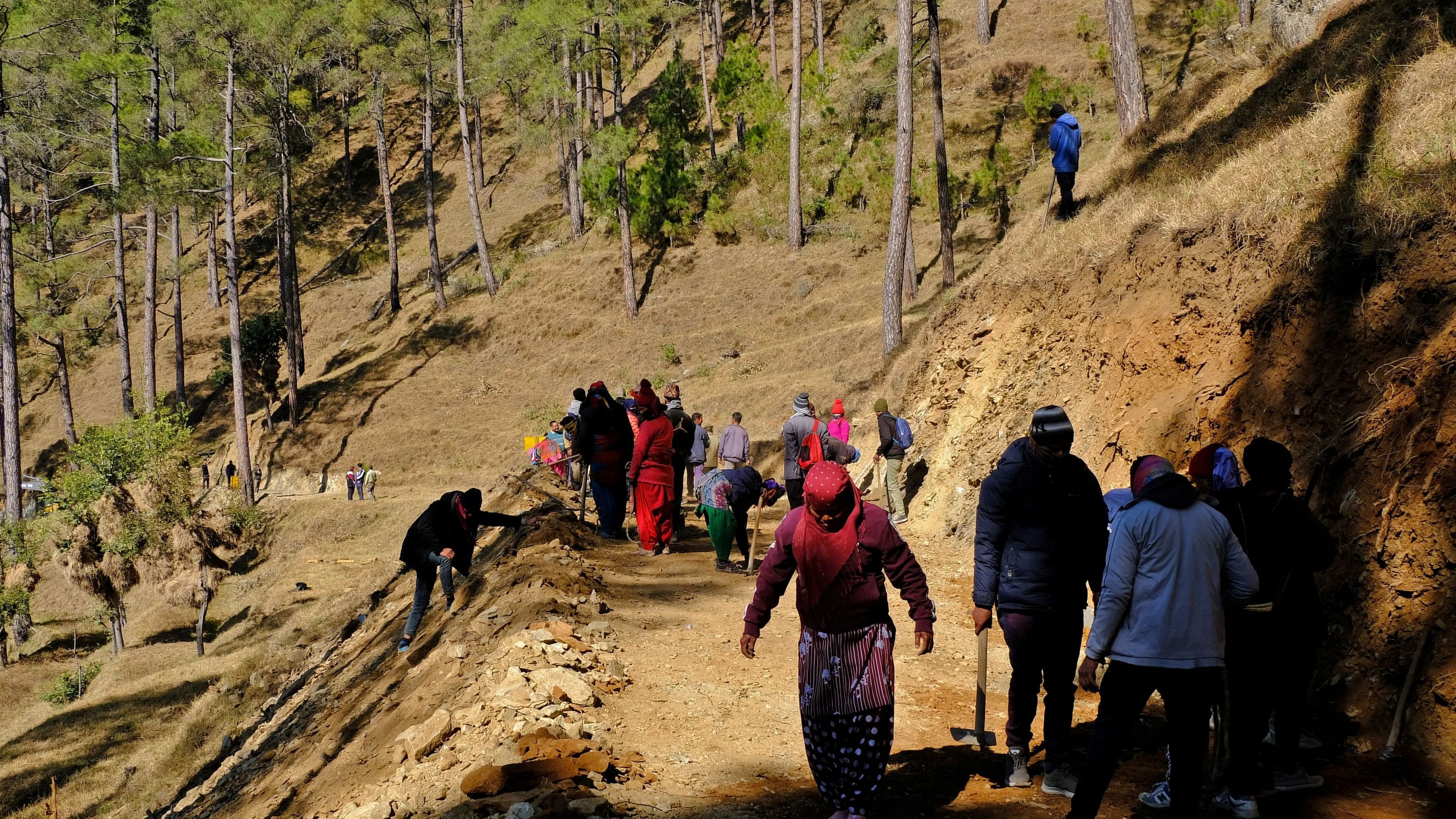 <div class="paragraphs"><p>Workers build a path in the hill as part of an alternate plan to reach to the workers trapped in a tunnel after a portion of the tunnel collapsed in Uttarkashi in the northern state of Uttarakhand.&nbsp;</p></div>