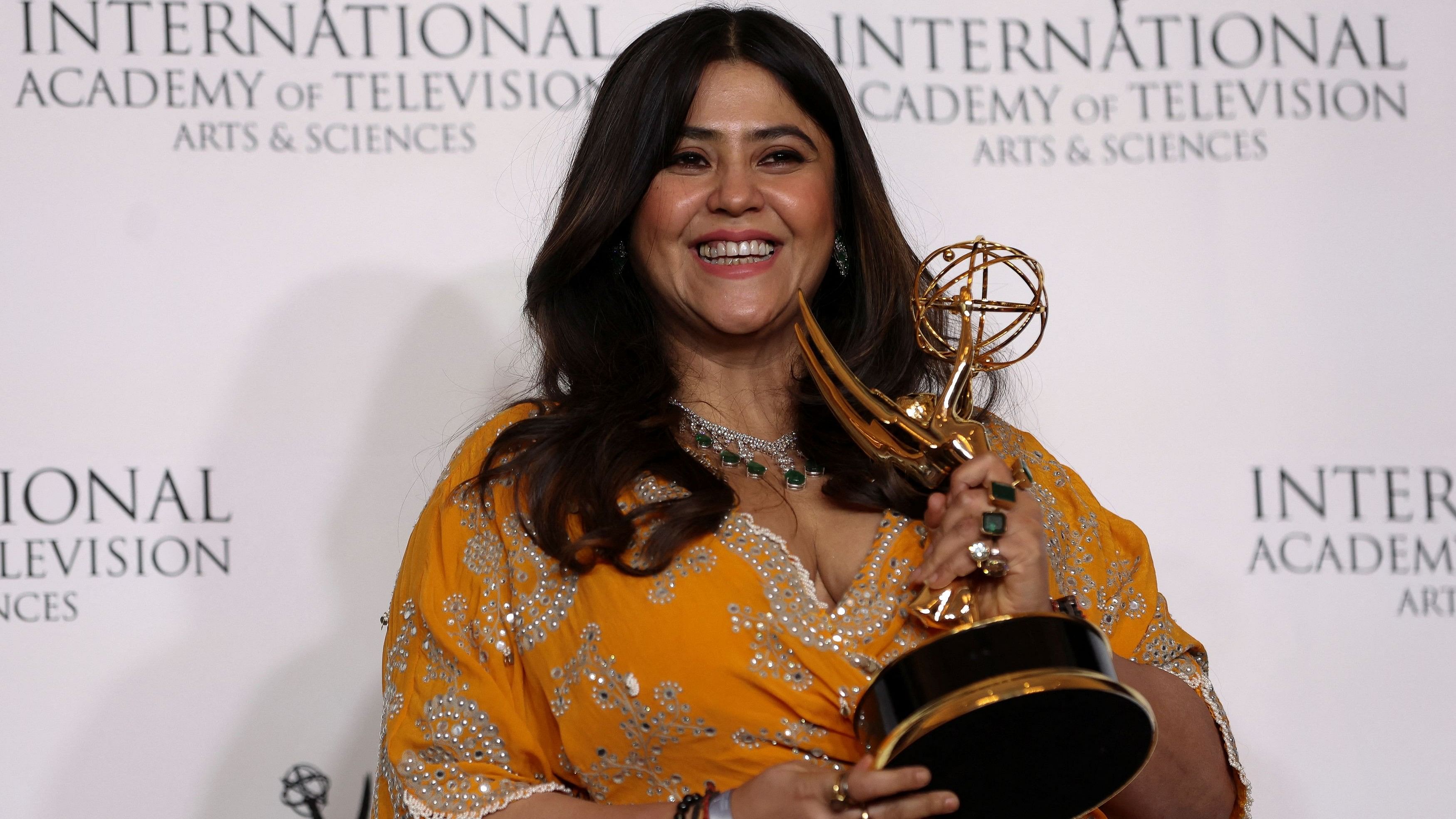 <div class="paragraphs"><p>Ektaa R Kapoor with her Emmy Award.</p></div>