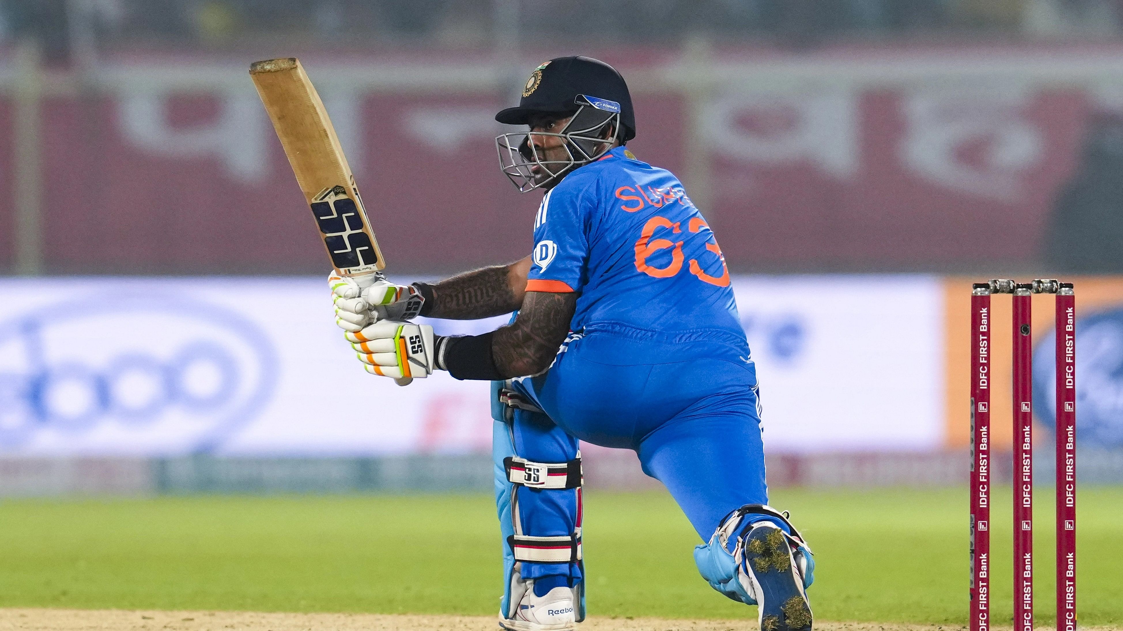 <div class="paragraphs"><p> Suryakumar Yadav plays a shot during the first T20 International cricket match of a T20I series between India and Australia, at the Dr Y S Rajashekar Reddy ACAVDCA International Cricket Stadium, in Visakhapatnam, Thursday, Nov. 23, 2023. </p></div>