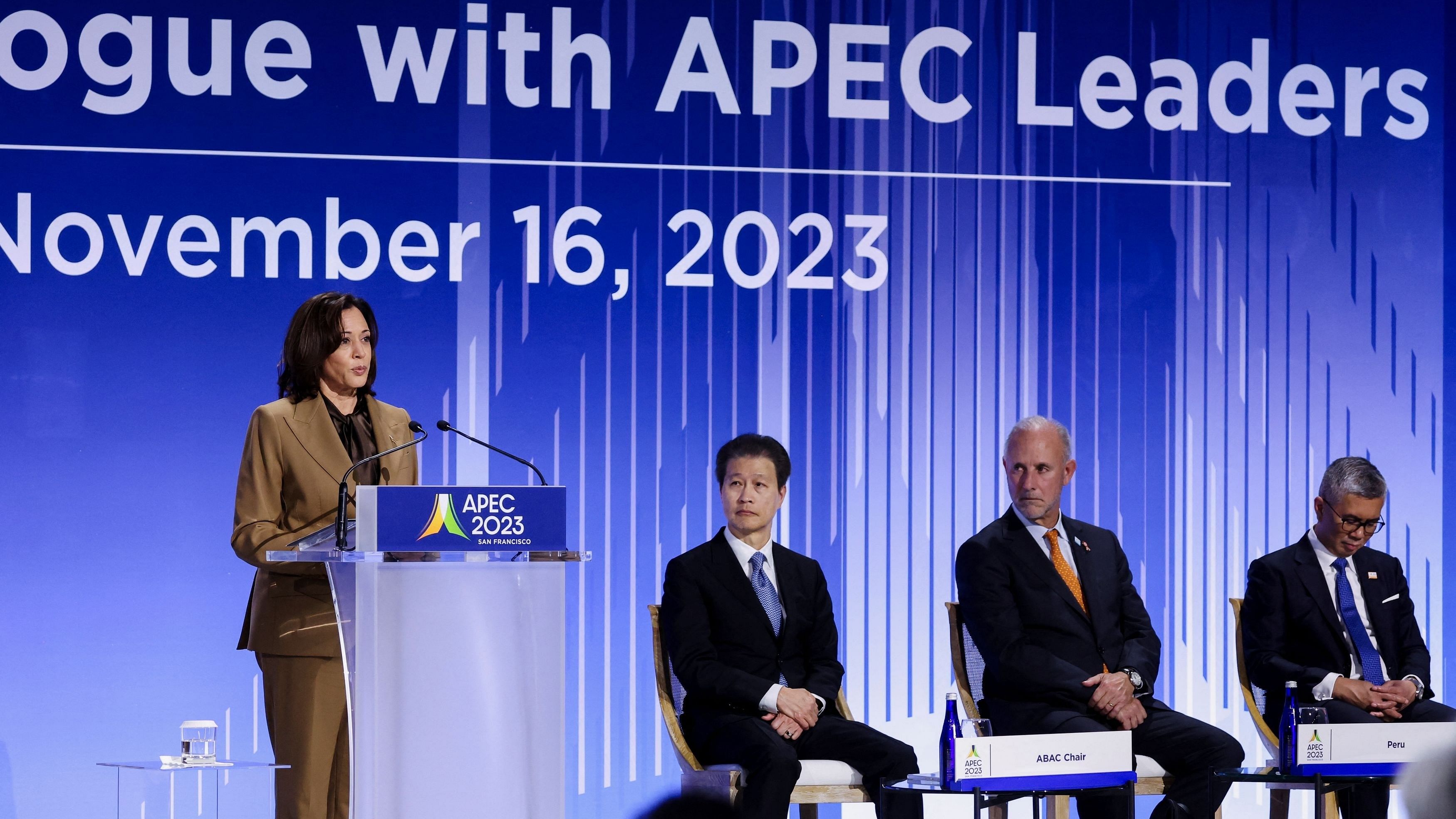 <div class="paragraphs"><p>US Vice President Kamala Harris speaks during the ABAC Dialogue with Leaders hosted by her at the Asia-Pacific Economic Cooperation  CEO Summit in San Francisco, California, US November 16, 2023. </p></div>