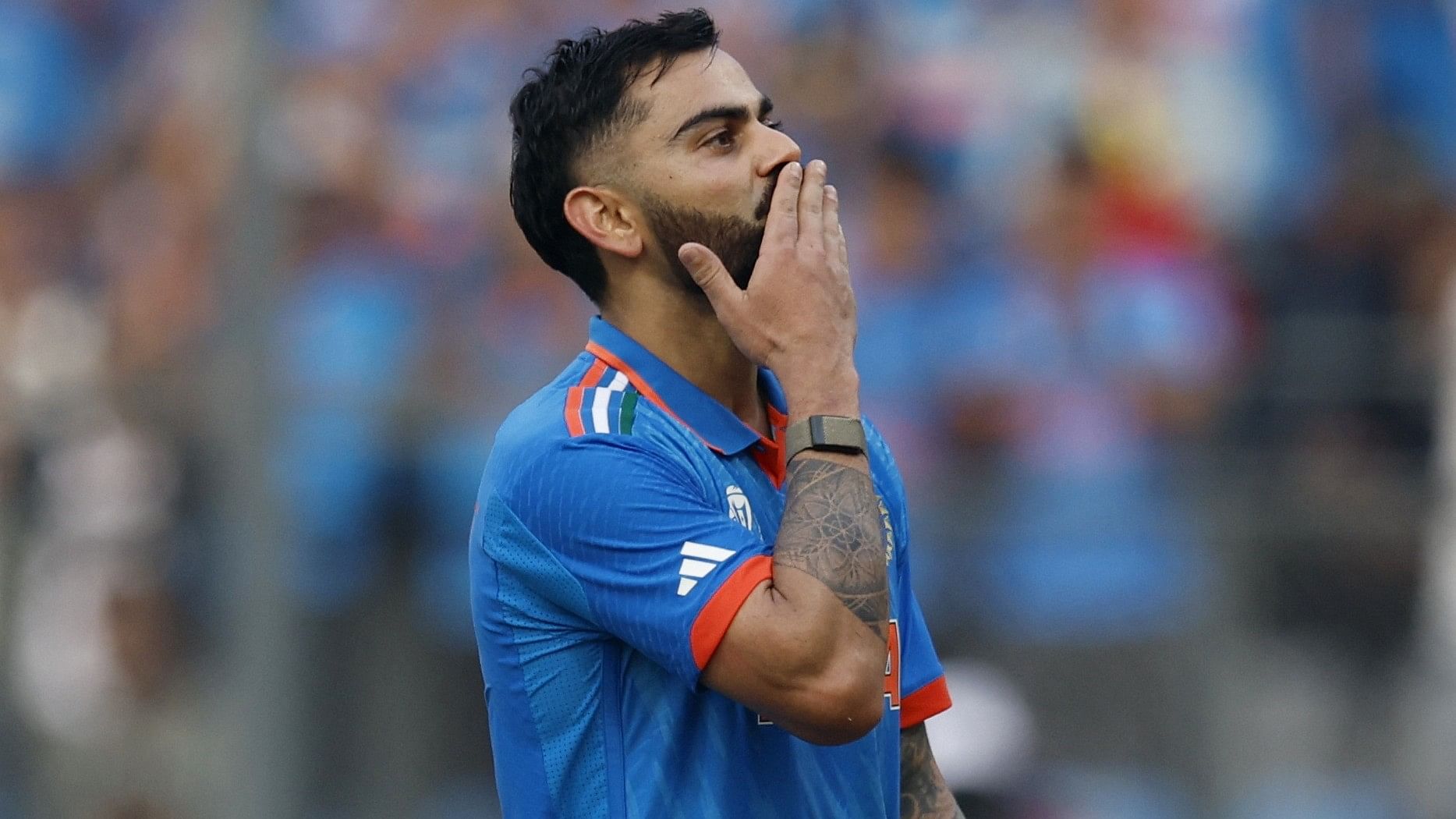 <div class="paragraphs"><p>India's Virat Kohli celebrates after reaching his 50th century, breaking Sachin Tendulkar's record of most number of ODI centuries.&nbsp;</p></div>