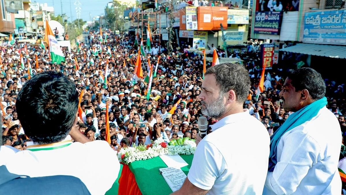 <div class="paragraphs"><p>Congress leader Rahul Gandhi addresses a public meeting ahead of Telangana Assembly elections.&nbsp;</p></div>