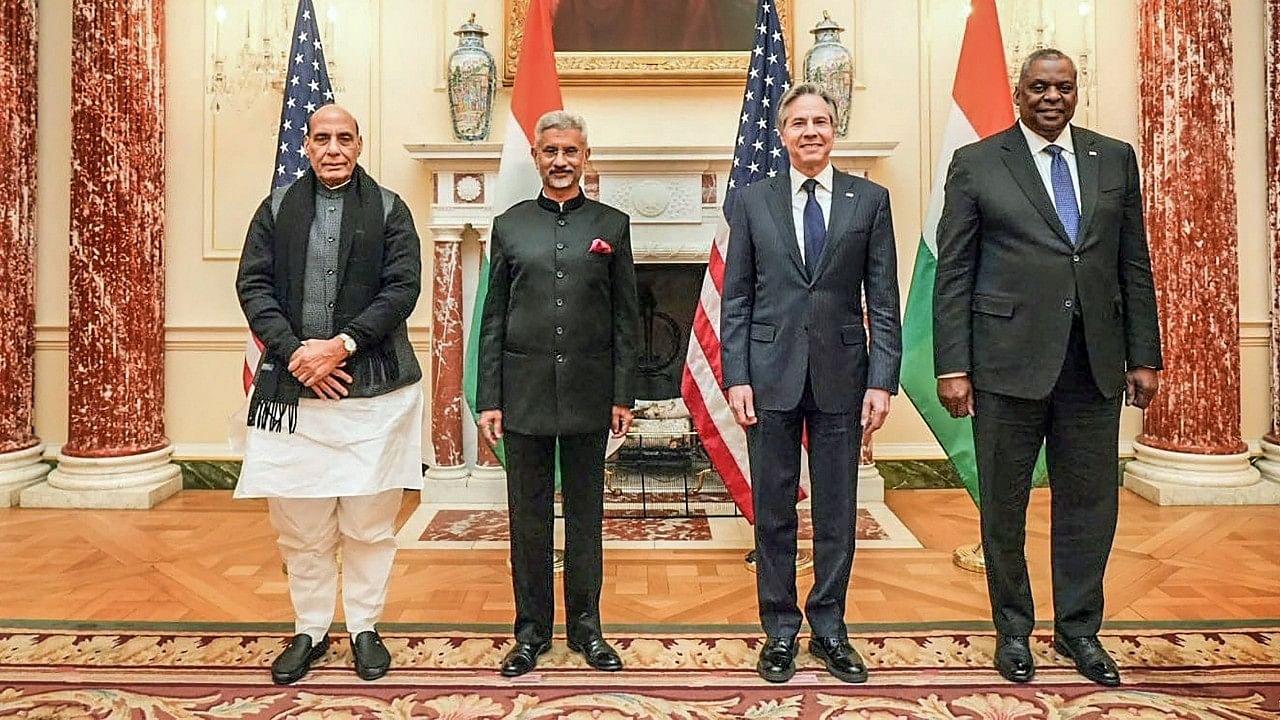 <div class="paragraphs"><p>(L-R) India's Defense Minister Rajnath Singh, External Affairs Minister S Jaishankar, US Secretary of State Antony Blinken and US Defense Secretary Lloyd Austin.</p></div>