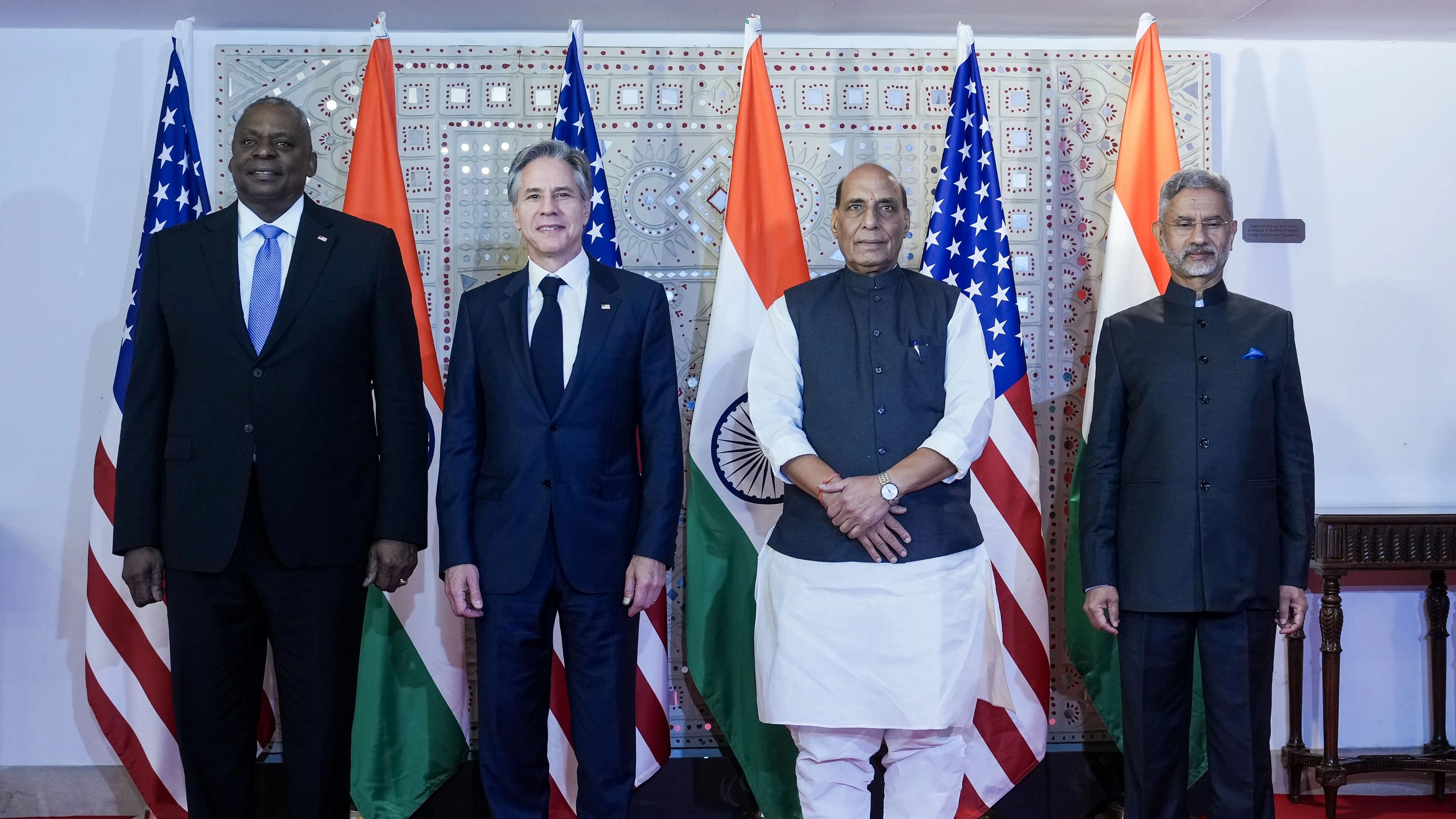 <div class="paragraphs"><p>Defence Minister Rajnath Singh and External Affairs Minister S Jaishankar with US Secretary of State Antony Blinken and US Secretary of Defence Lloyd Austin pose for a group photo before the 5th India-US 2+2 Ministerial Dialogue, at Sushma Swaraj Bhavan, in New Delhi, Friday, Nov. 10, 2023. </p></div>