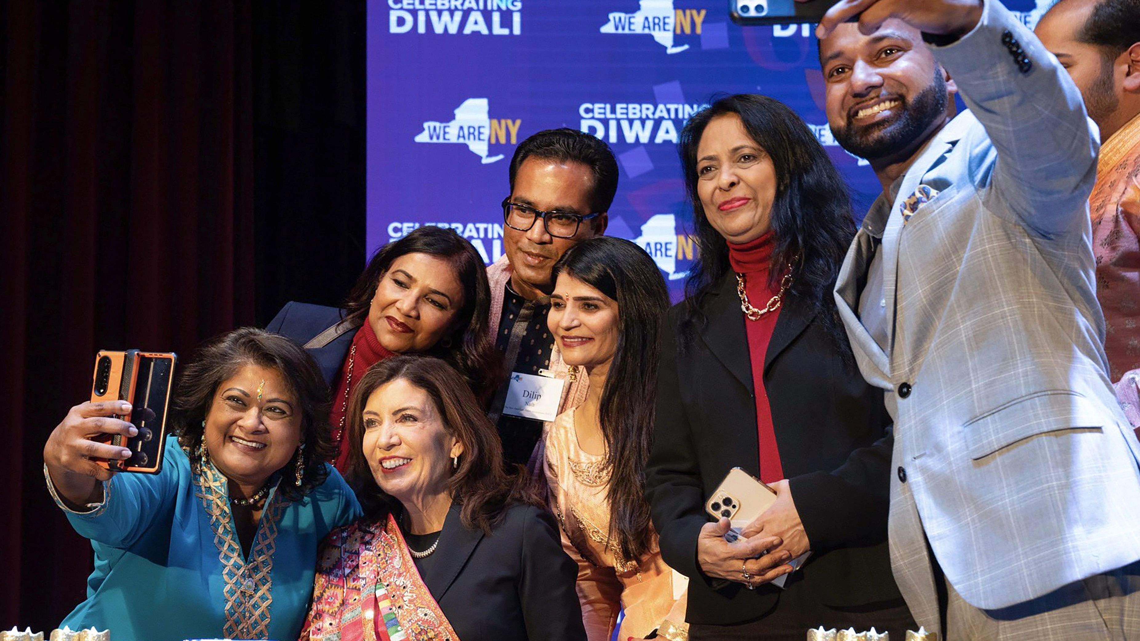 <div class="paragraphs"><p> Governor of New York Kathy Hochul (C) during a gathering organised to celebrate Diwali at the Hindu Temple Society of North America, in New York State, USA, Tuesday, Nov 14, 2023.  </p></div>