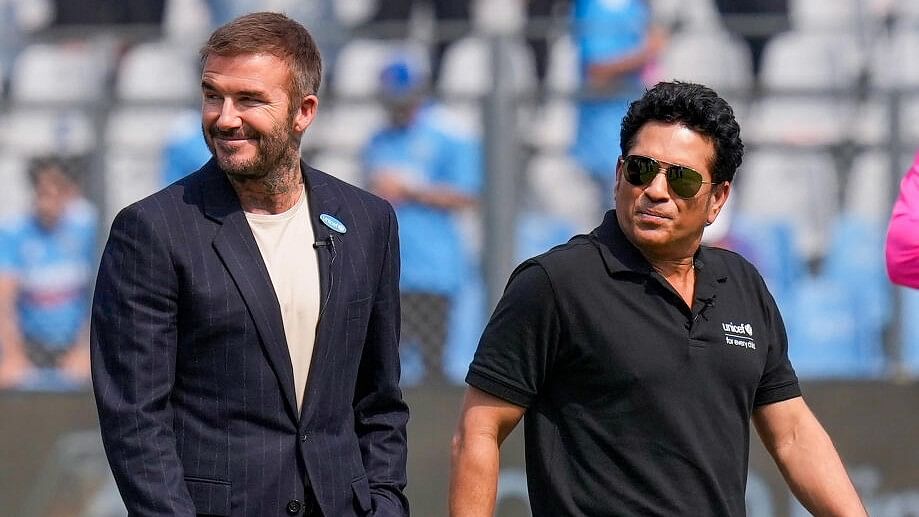 <div class="paragraphs"><p>Former Indian cricketer Sachin Tendulkar and former English footballer David Beckham before the start of the ICC Men's Cricket World Cup 2023 semi-final match between India and New Zealand, at the Wankhede Stadium, in Mumbai, Wednesday, Nov. 15, 2023.</p></div>