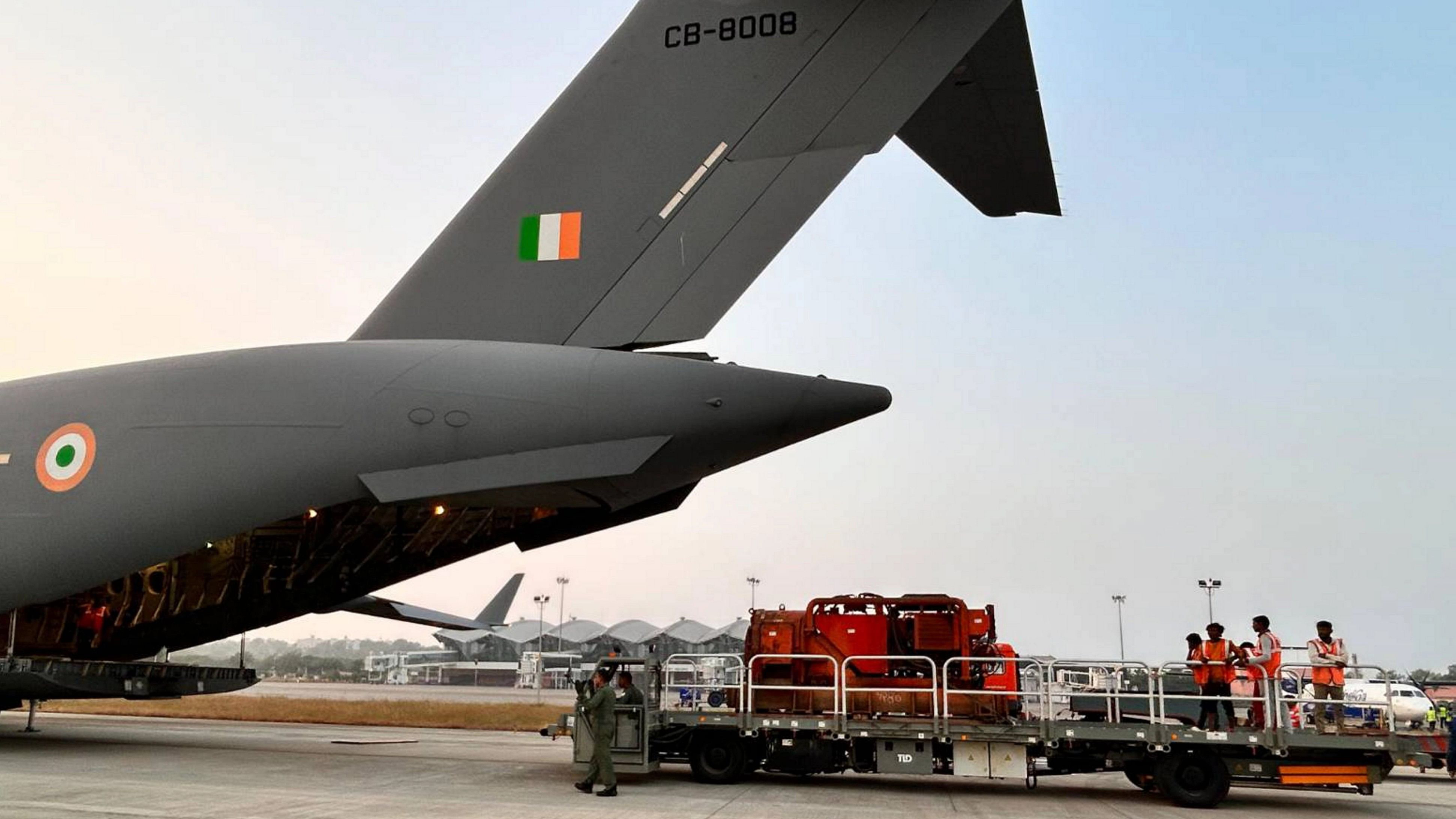 <div class="paragraphs"><p>22 Tonnes of critical equipment being airlifted by an IAF C-17 from Indore to Dehradun for the tunnel rescue operation in Dharasu, Uttarakhand. </p></div>