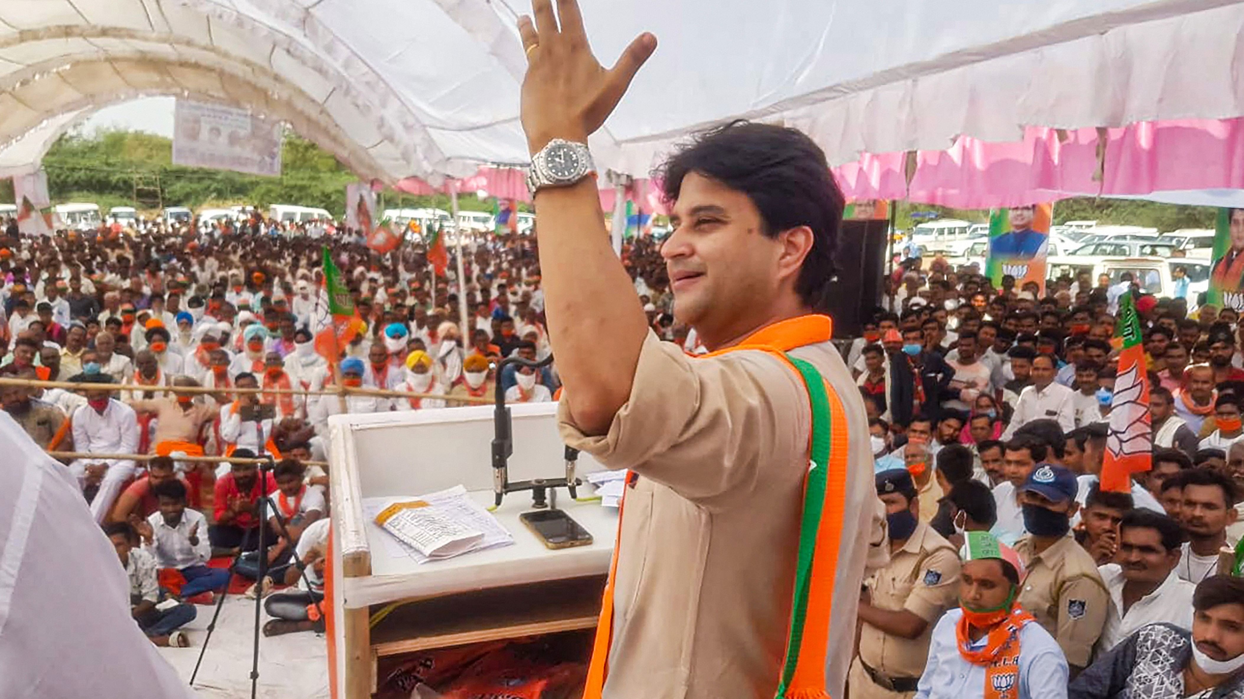 <div class="paragraphs"><p>BJP leader Jyotiraditya Scindia addresses an election rally in support of a party candidate. </p></div>