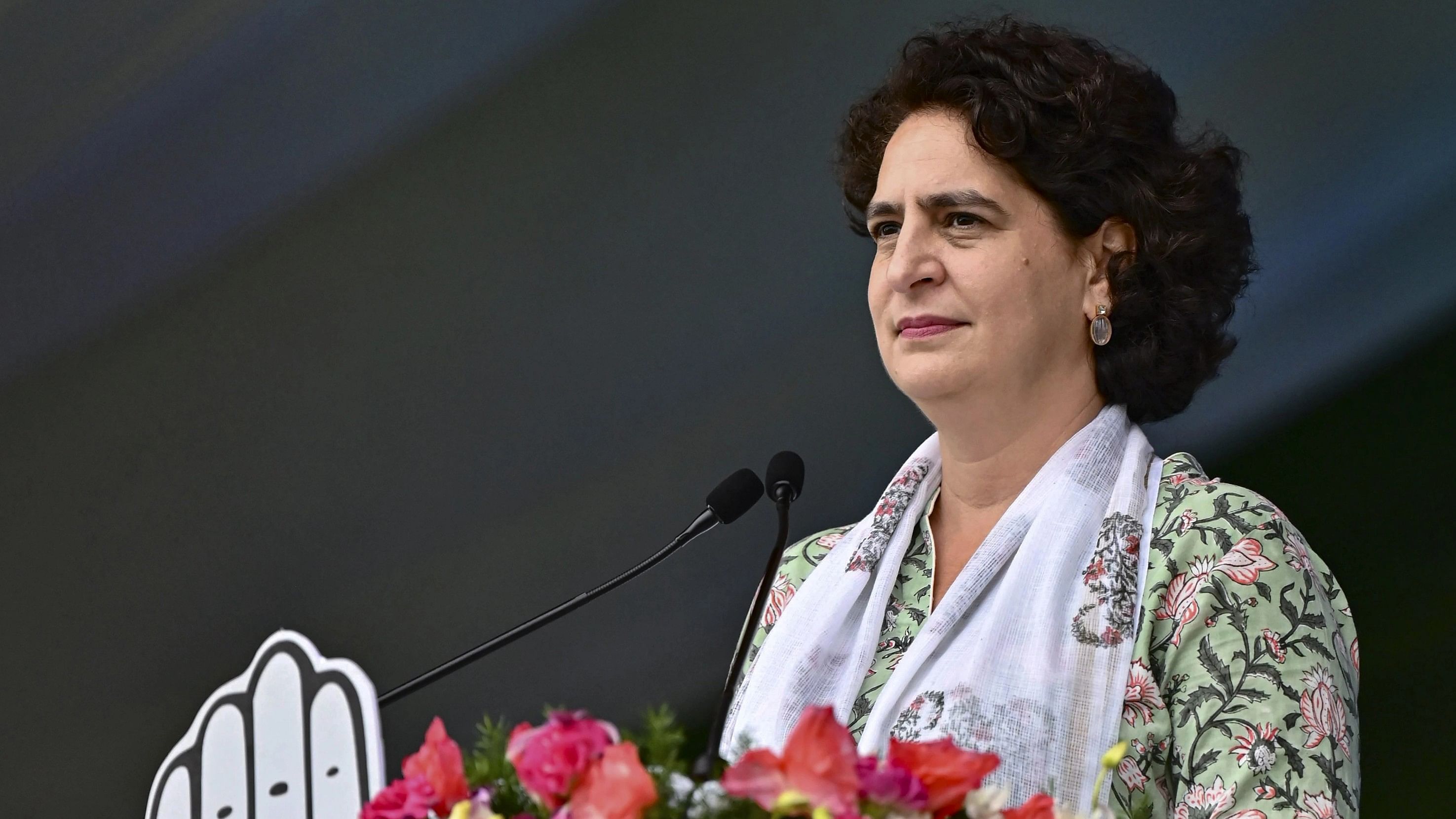 <div class="paragraphs"><p>Congress general secretary Priyanka Gandhi during a public meeting ahead of the Telangana Assembly election</p></div>