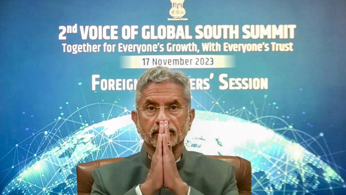 <div class="paragraphs"><p>External Affairs Minister S. Jaishankar virtually addresses at the first Foreign Ministers' Session of the 2nd Voice of the Global South Summit, in New Delhi.</p></div>