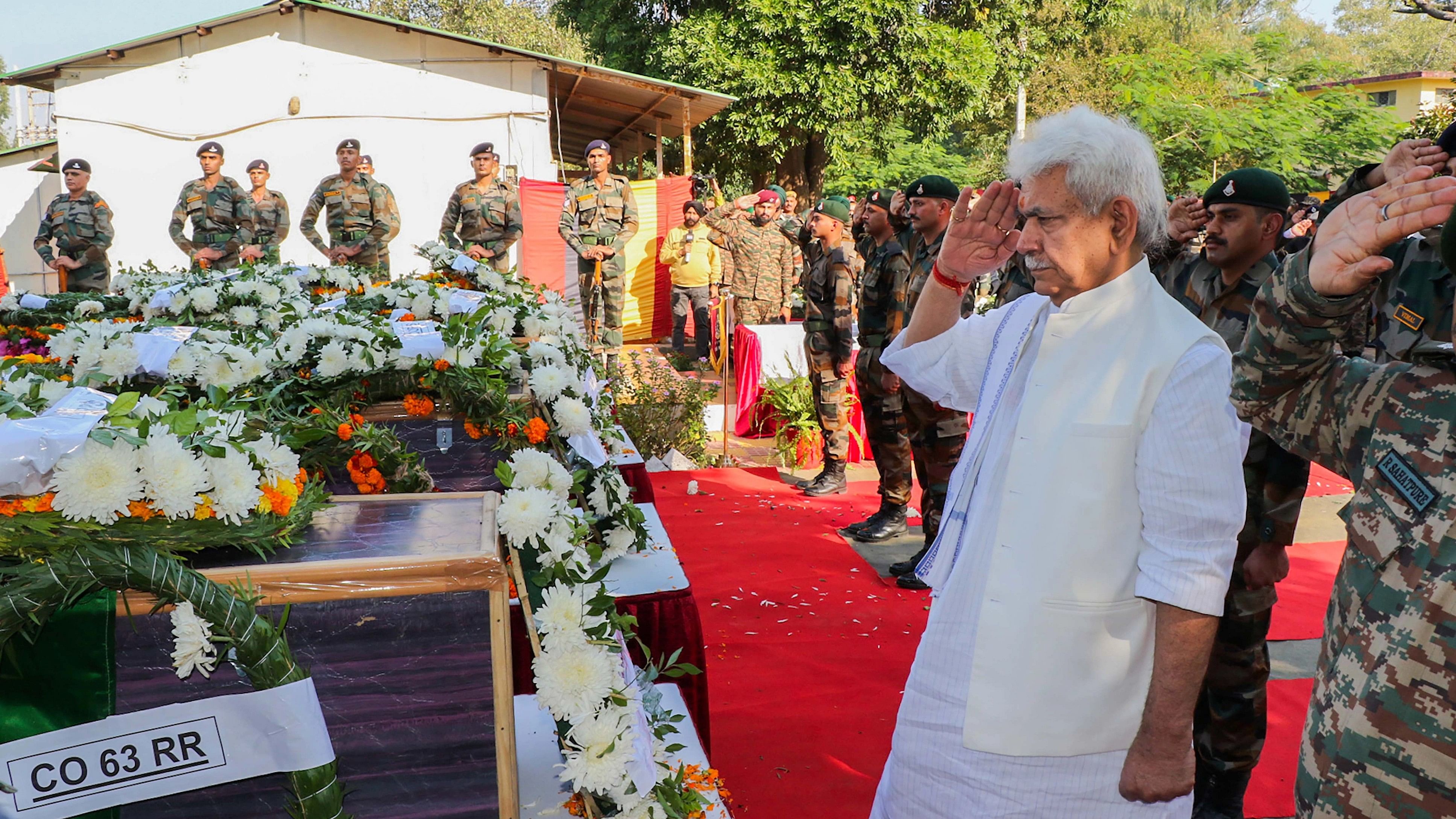 <div class="paragraphs"><p>Jammu: Jammu and Kashmir Lt Governor Manoj Sinha pays homage to martyrs killed in an encounter with terrorists.</p></div>