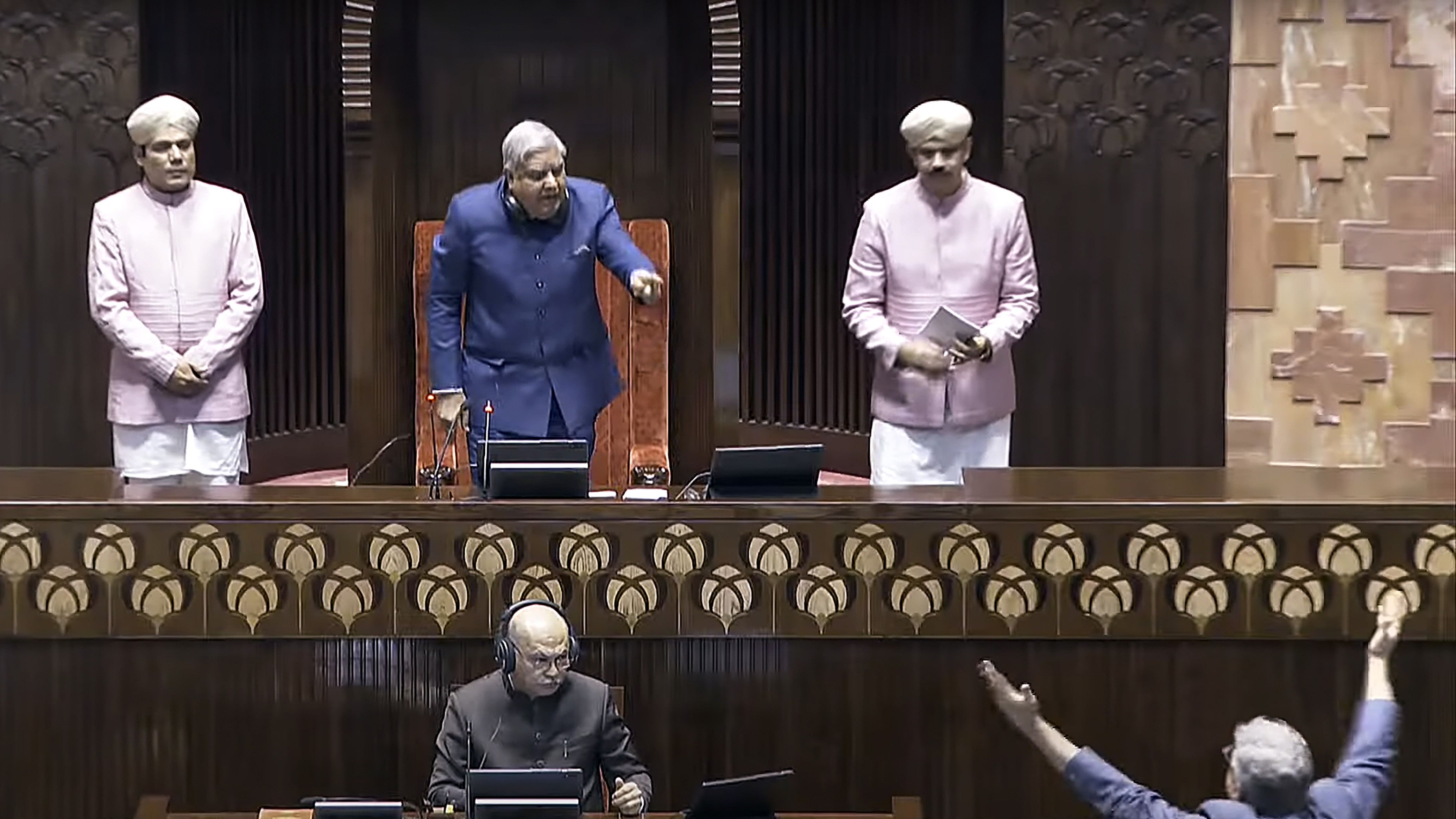 <div class="paragraphs"><p>TMC MP Derek O Brien (bottom right) stands before RS Chairman Jagdeep Dhankhar, December 14, 2023.</p></div>